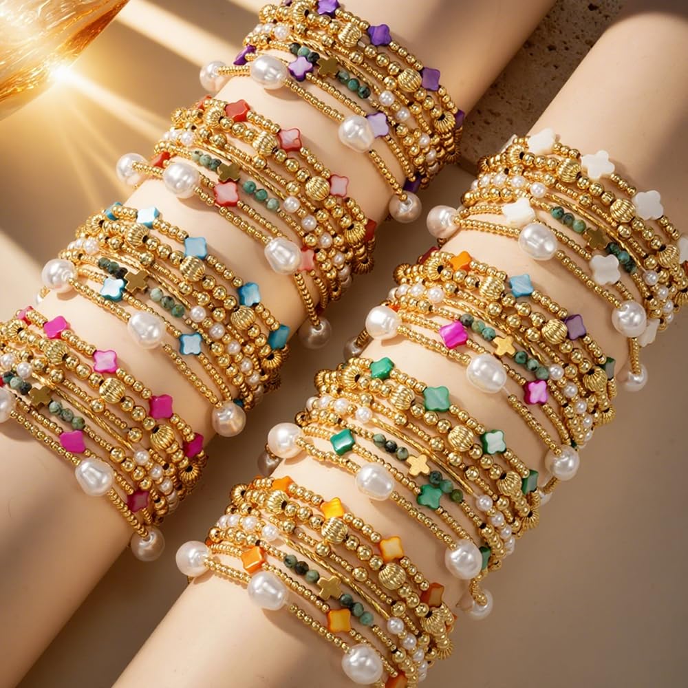 14K Gold Beaded Purple Clover Stackable Bracelets for Women,7PCS/Set Boho Cross Pearl Beads Stretch Bracelets Stack Fashion Holiday Birthday Prom Jewelry Accessories Gift Friendship Sister