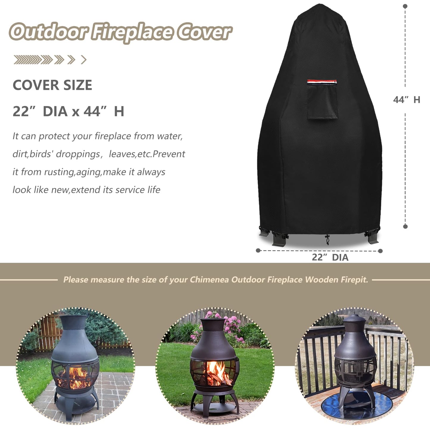 Patio Chiminea Cover,Heavy Duty 600D Waterproof Wood Burning Fire Pits Cover, Chimenea Outdoor Fireplace Wooden Fire Pit Covers,22" Dia x 43.3" H.