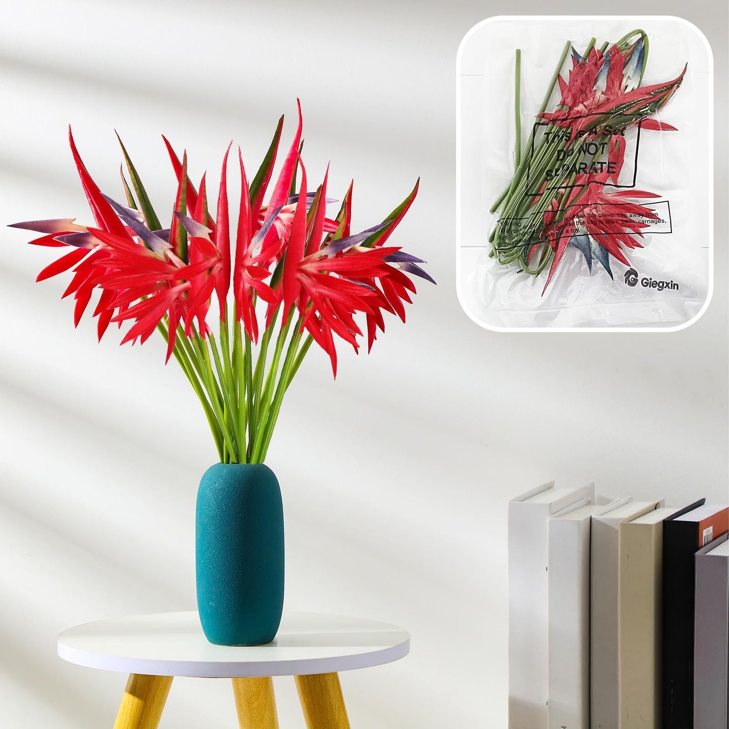 Giegxin 10 Pieces Bird of Paradise Artificial Plant 22 Inch Hawaiian Tropical Flowers Faux Flowers Bouquet Large Elegant Green Plant for Home Garden Decoration Office Wedding Decor Supplies (Red)