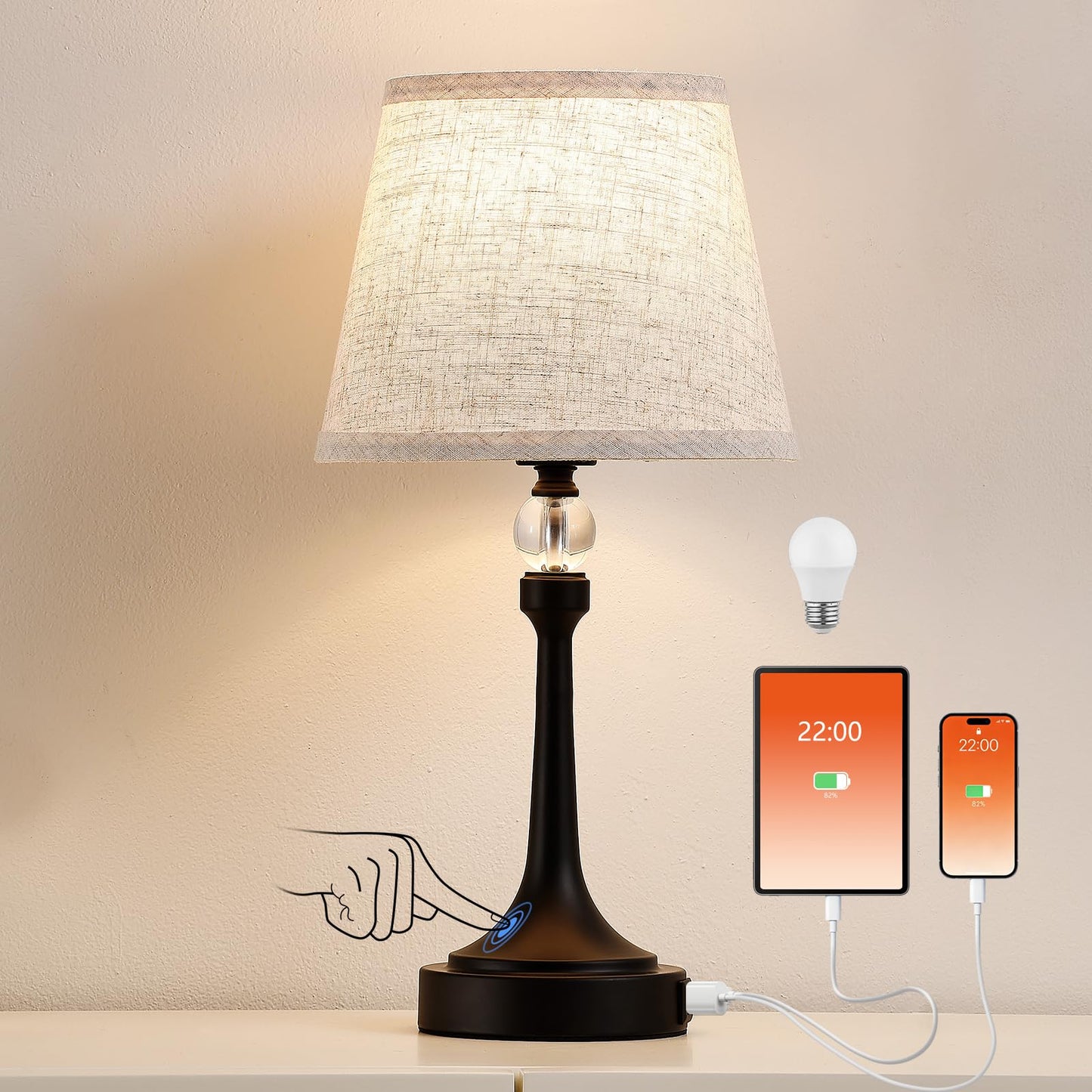 Leasgy 19.7'' Touch Table Lamps for Living Room, Small Lamp for Bedroom with USB C+A Ports, Dimmable Touch Lamps, Reading Desk Lamp for Office, Metal Bedside Lamps, Bulb Included, 1pcs, Black