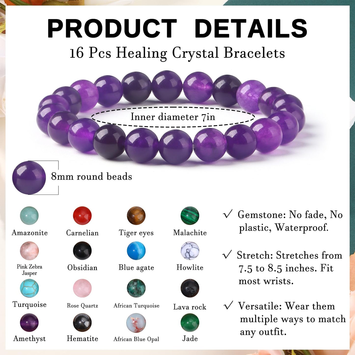 JEWPARK 16PCS Semi-Precious Gemstone Bracelet - Crystal Stone Beaded Bracelets for Women Men 8mm Round Beaded Stretch Bracelets Unisex Yoga Bracelets Gifts