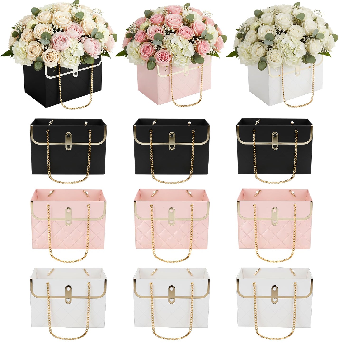 12 Pack Flower Paper Gift Bag, Bouquet Storage Bucket Box Paper Flower Handbag Box with Metal Chain Rectangle Mother's Day Flower Bags for Bouquets Wedding Flower Graduation Supplies, Black White Pink