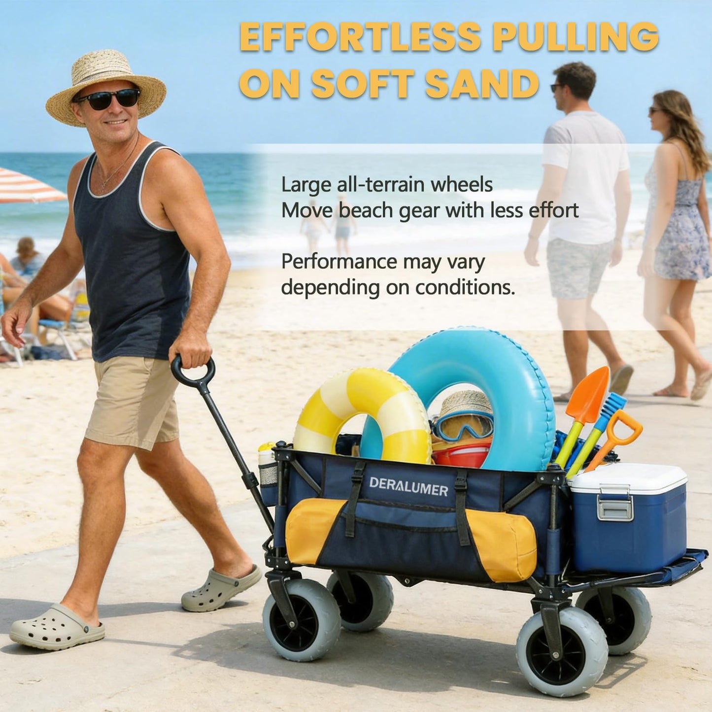 Deralumer X900 Beach Wagon for Sand with 9"×4" Big Wheels, Extra Large Heavy Duty Folding Wagon with Expandable Tailgate & Side Bag, All Terrain Collapsible Utility Cart (X900 9×4" PU Wheels)