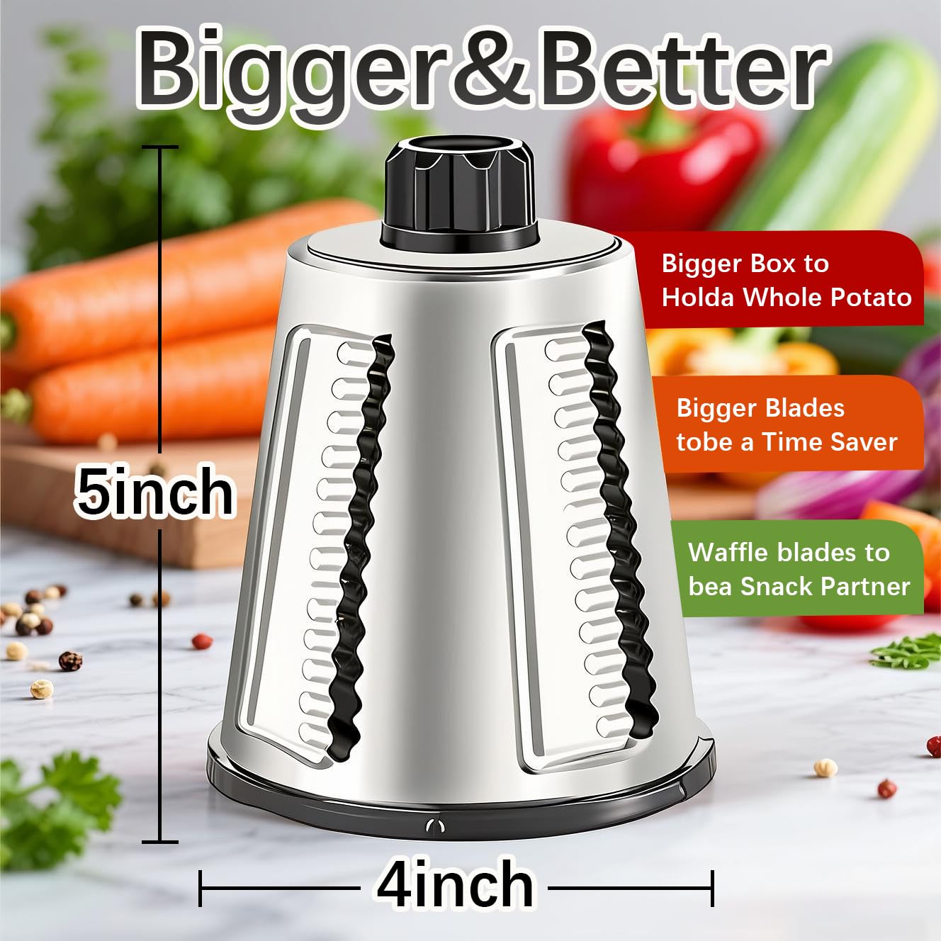 VEKAYA Rotary Cheese Grater Hand Crank with 4 Interchangeable Stainless Steel Blades, Large Manual Handle Shredder and Waffle Slicer for Vegetables, Cheese and Nuts with Table Suction Base(White)