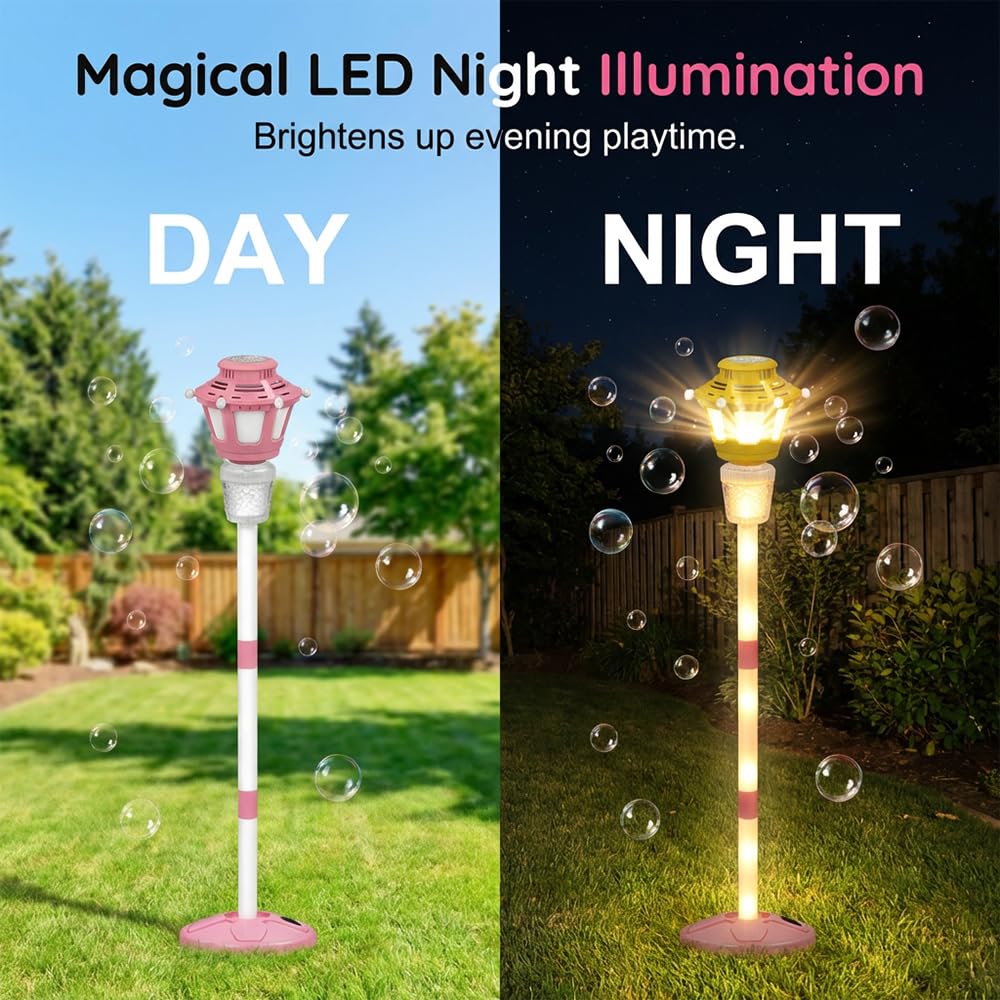 Bubble Machine for Kids, 2026 New 47" Rechargeable Automatic Bubble Maker with Light and Music for Outdoor, Adjustable Height Stand with Detachable Wand, Bubble Solution Included for Party (Pink)