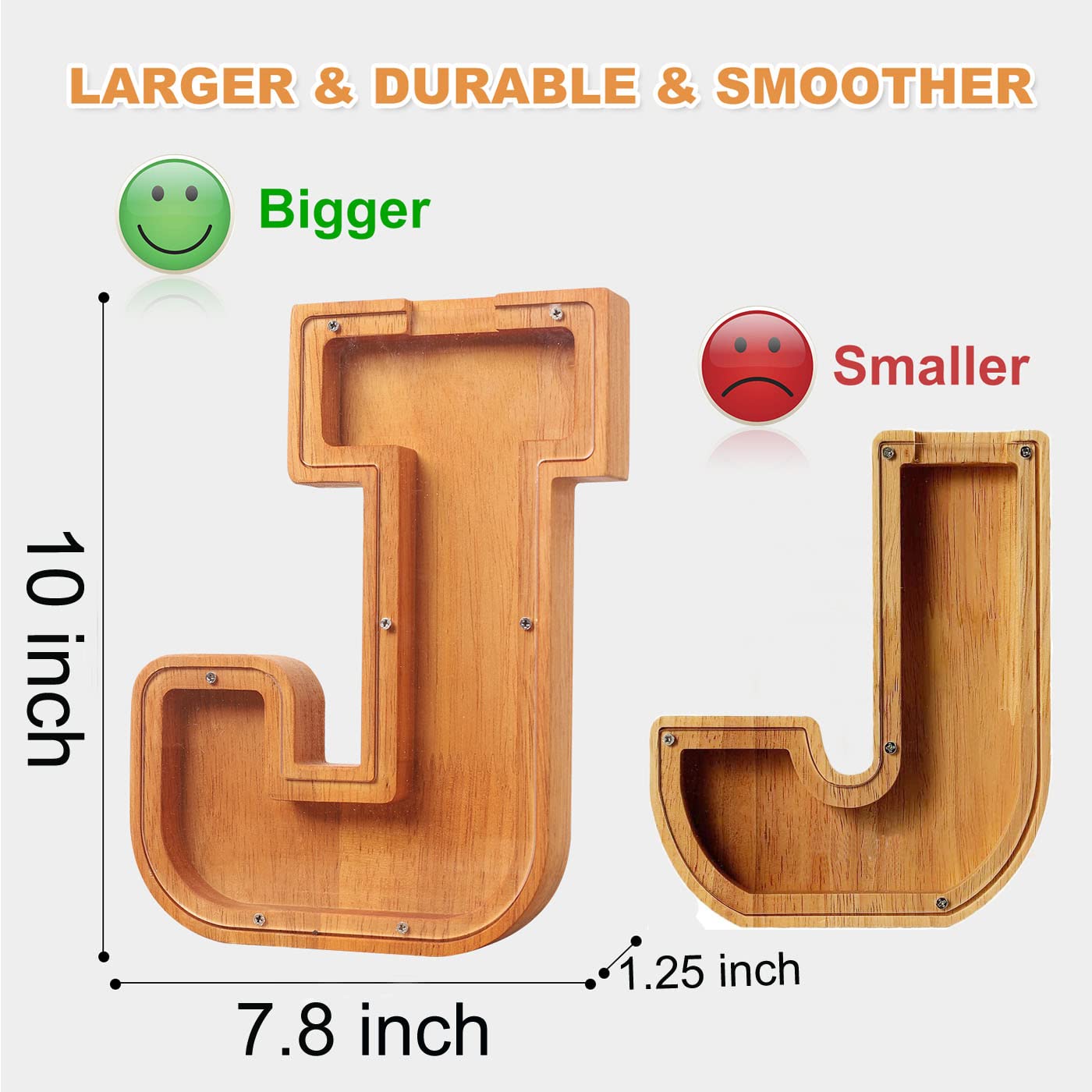 Wooden Letter Piggy Bank for Kids Boys Girls Large 26 Alphabet Money Bank Personalized Custom Name Transparent Saving Coin Bank, Perfect Christmas,Birthday Gift for kids Adults and Home Decoration (J)