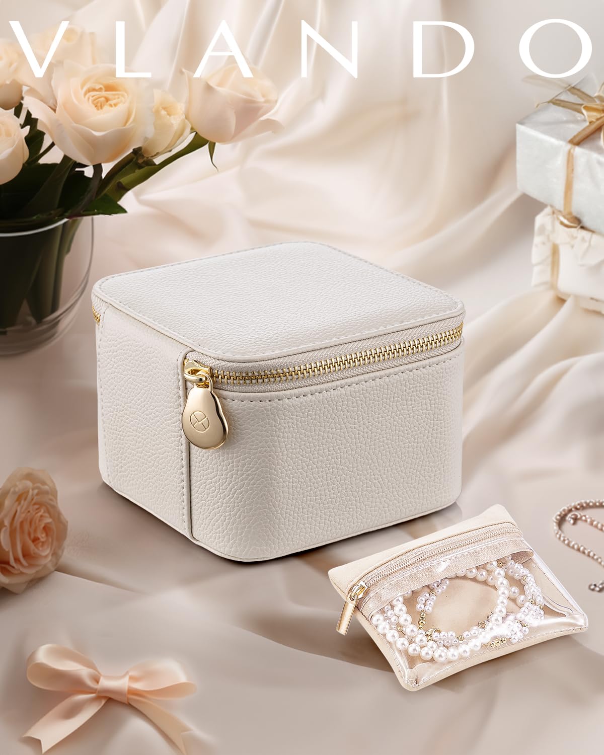 Vlando Small Jewelry Box Organizer,Travel Jewelry Storage with 6 Velvet Jewelry Zipper Pockets,Premium Petal Hardware Jewelry Case for Women Girls Valentines Day Gifts for Self (White)