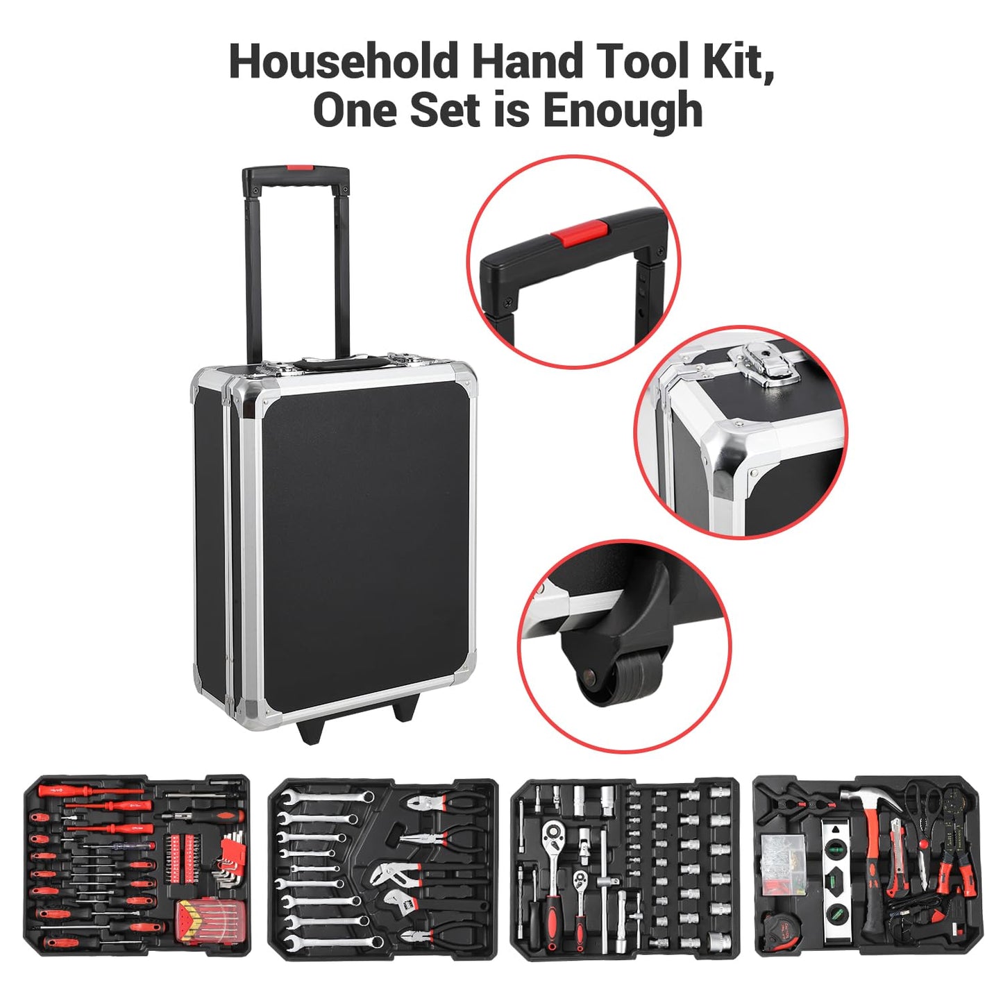 800-Piece Mechanics Tool Set with Rolling Aluminum Case, Complete Socket & Wrench Kit with Hand Tools, Portable Garage Tool Box for Auto Repair, Home Maintenance, DIY Projects & Garden Work