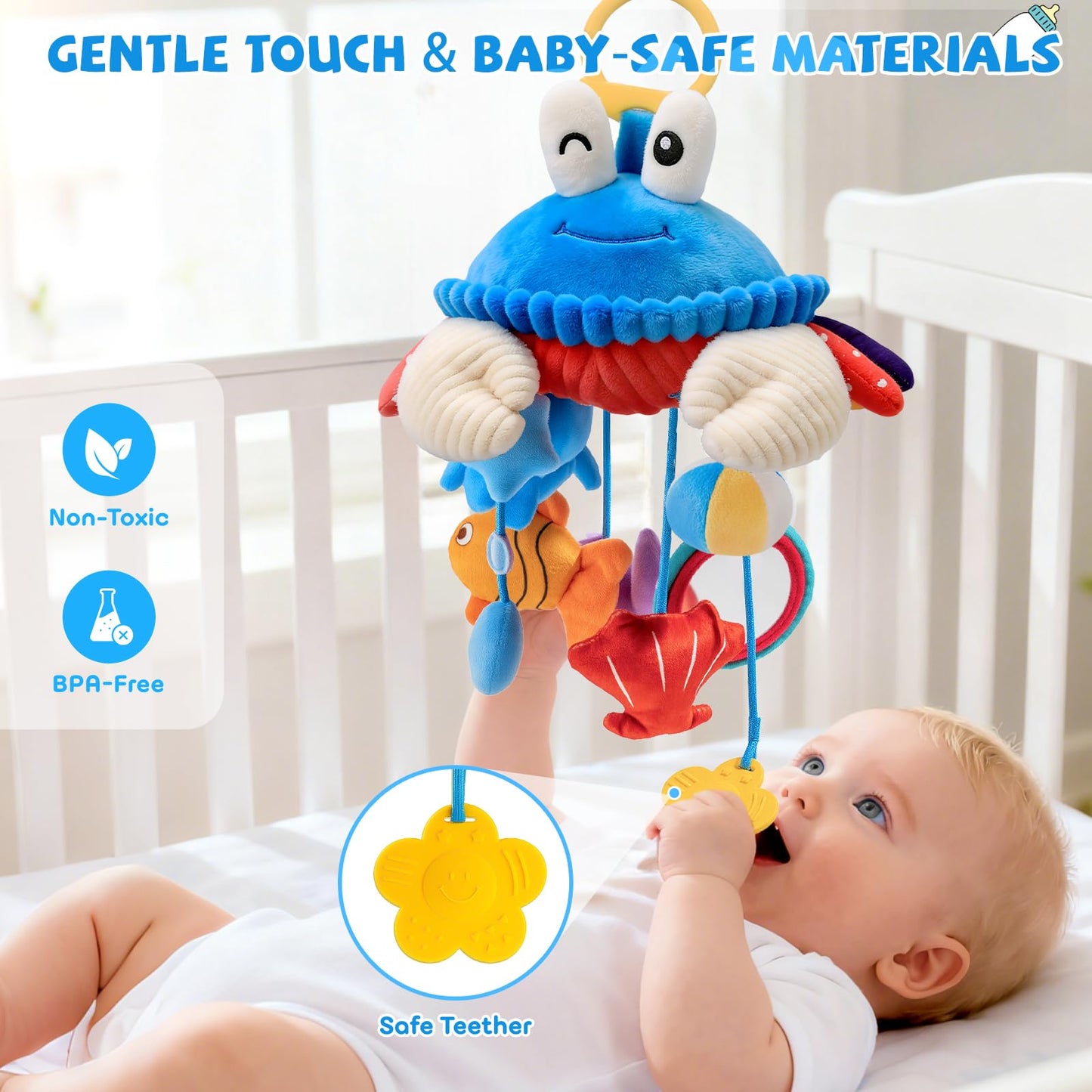 Car Seat Toys for Babies 0-6 Months, Hanging Sensory Crab Plush Toy for Stroller, Crib & Play Gym, Clip-On Montessori Infant Activity Toy with Mirror, Rattle & Teether, Newborn Baby Gifts 0-12 Months