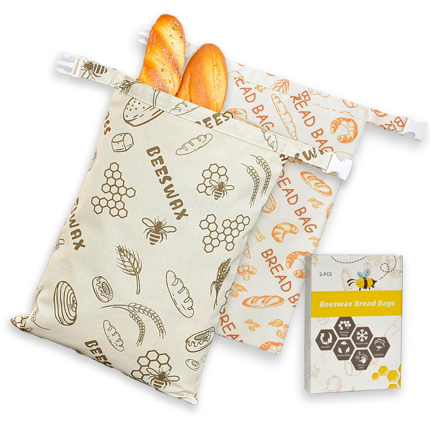 2-PACK Beeswax Bread Bag - Reusable Food Wrapor Homemade Sourdough Loaf,to Keep Fresh Fridge-Safe Beeswax Perfect for Cheese, Fruits Washable & Sustainable Alternative to Plastic