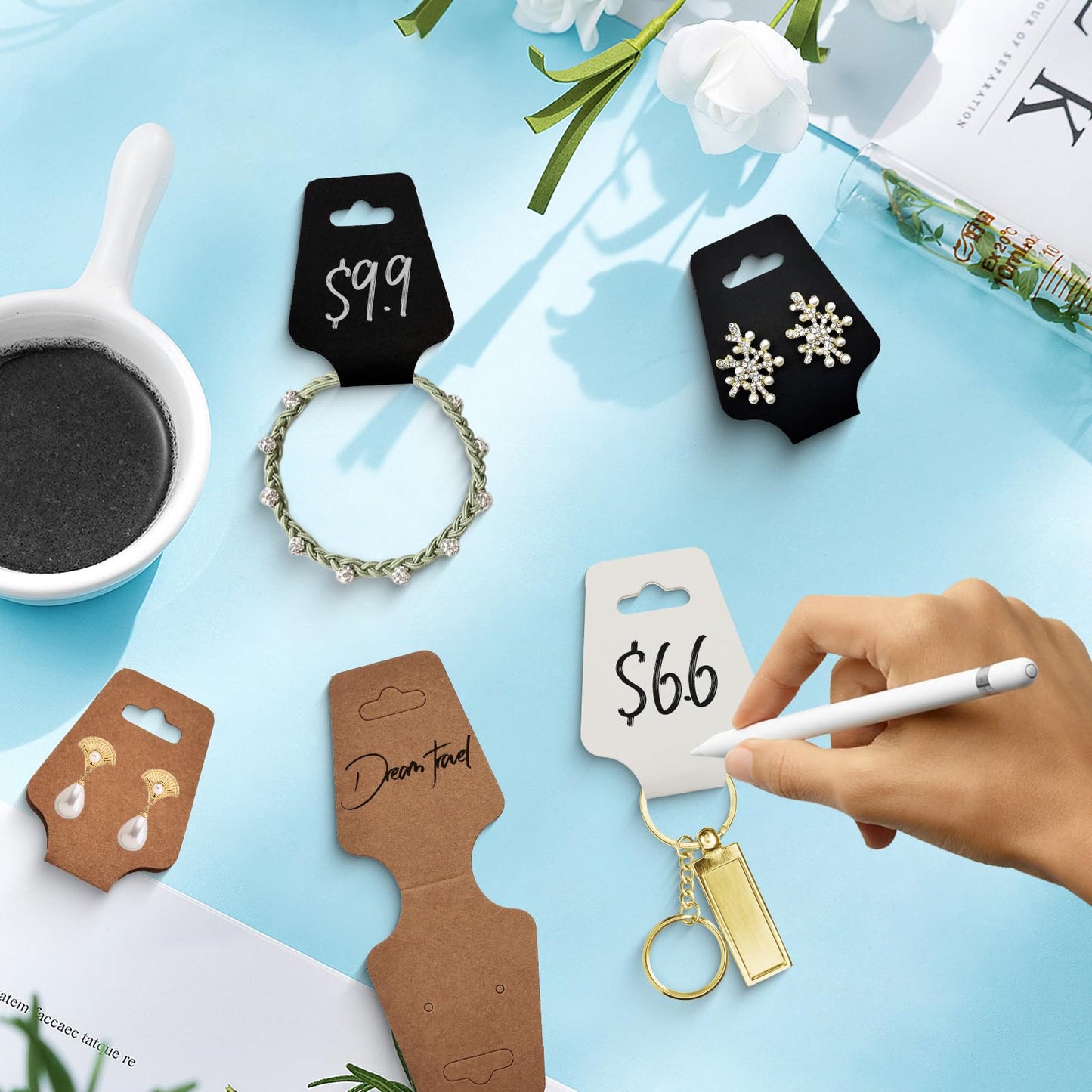 200pcs Jewelry Display Cards with Adhesive,1.7*4.7inch Necklace Display Kraft Cards with 200pcs Packaging Bags Jewelry Holder Cards Hanging for Earring Hair Band Keychain Scrunchies (Black)