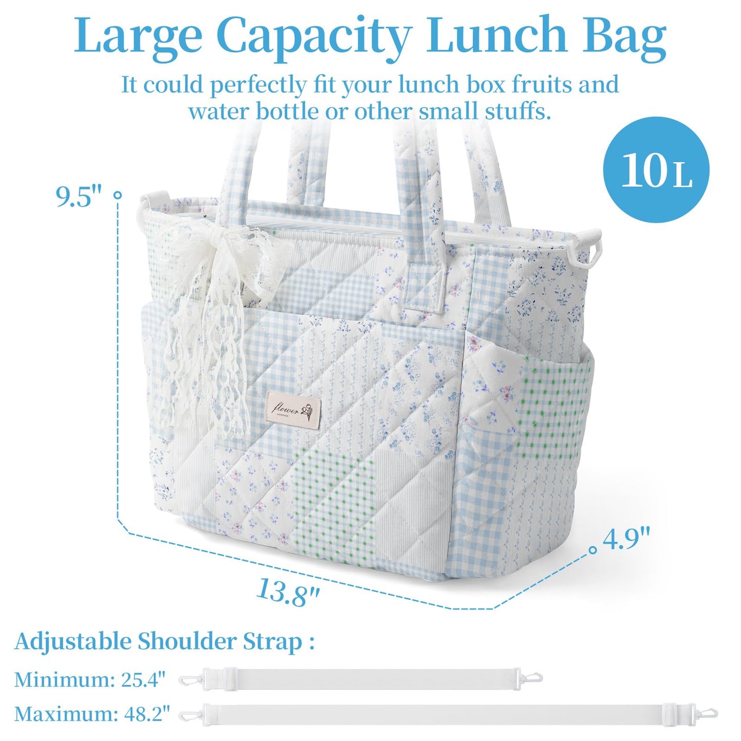WOBAGMEN Quilted Lunch Box for Women,Insulated Lunch Tote Bag for Women for Work, Coquette Large Capacity Lunch Tote with Shoulder Straps, Elegant Lunch Purse for Office, Travel, Daily Use,Green Blue