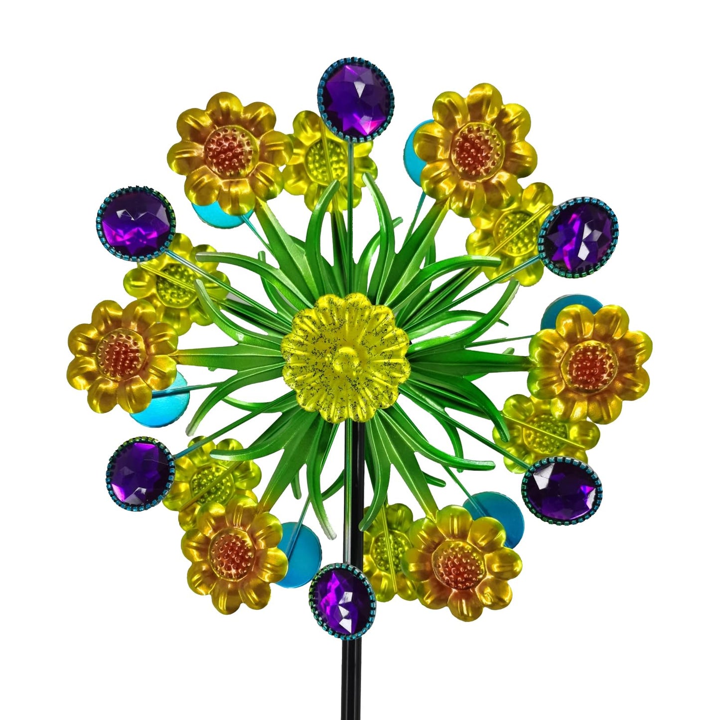 Wind Spinner, Metal Yellow florets and Purple Jewelry 44.25 inch Outdoor Metal Wind Spinners for Patio,Lawn,Garden,Creative Gifts for Women, Double Windmill with Stable Stake