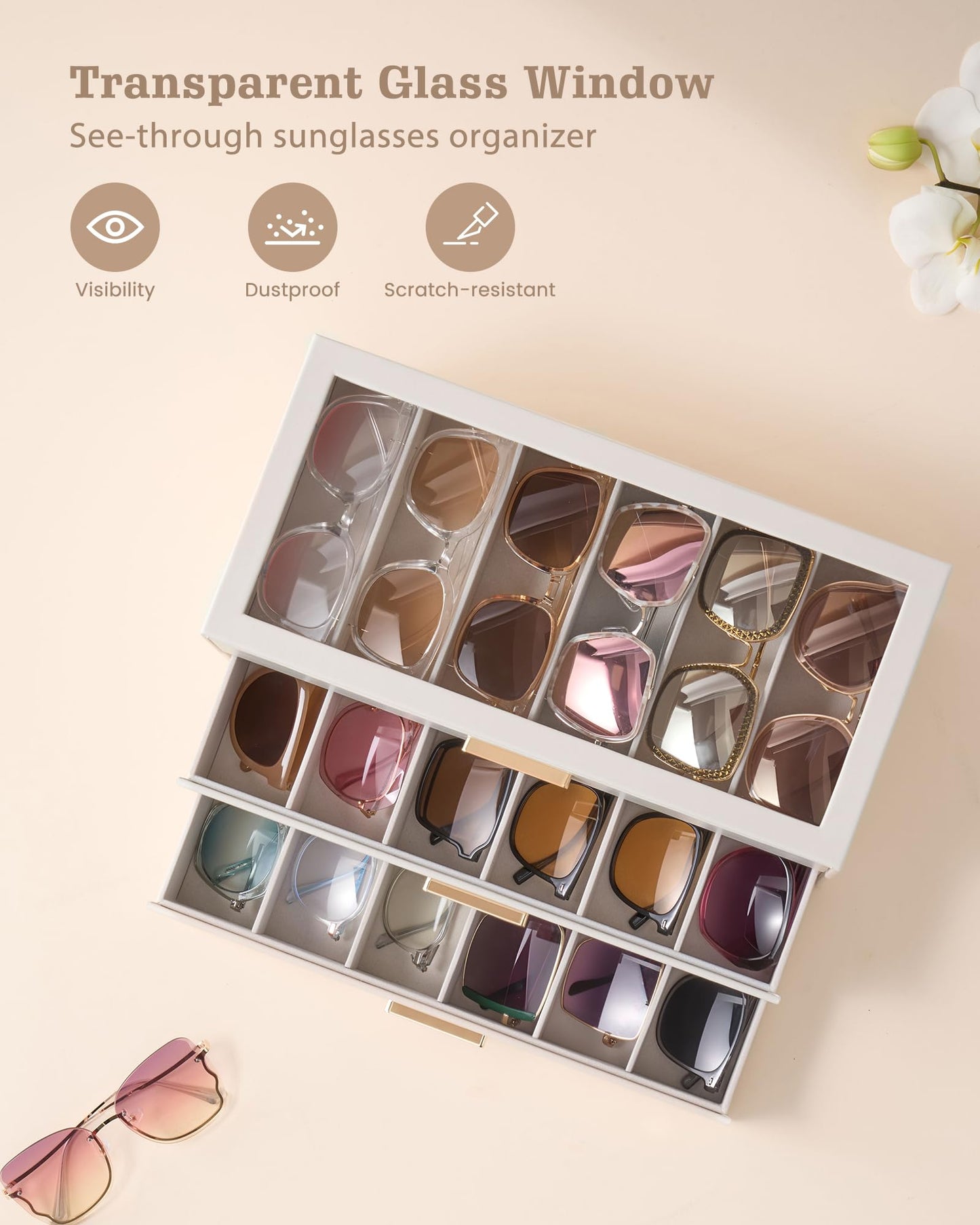 Lolalet 18 Slots 3-Layer Sunglasses Storage Box for Women, Eyewear Eye Glass Sunglass Organizer with Clear Top Lid Display Holder Case for Sunglasses Eyeglass Watch Jewelry, Mothers Day Gifts -Beige