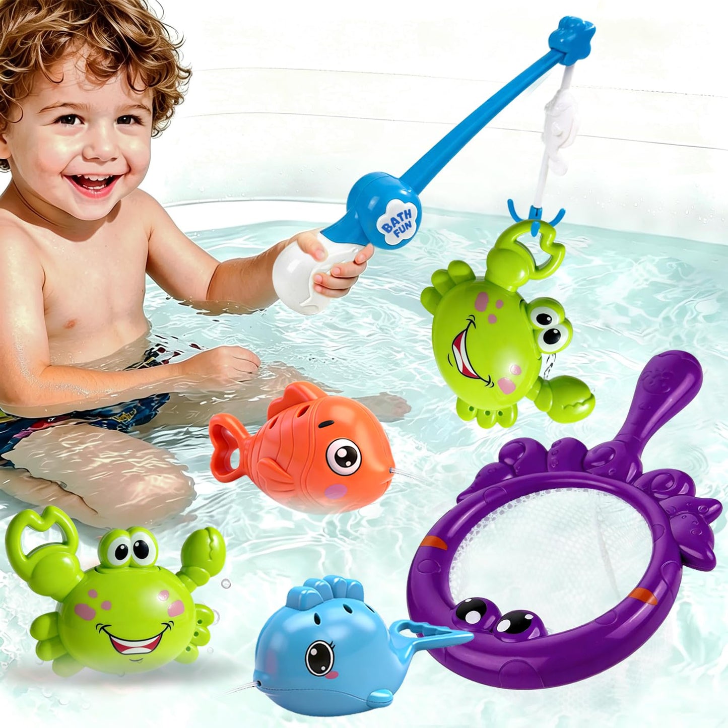 Uermis Baby Bath Toy for Toddlers, Fishing Game Bath Toy with 3 Floating Sea Animals, Fishing Pole & Fishing Net, Fun Bathtub Games for Kids Ages 18 Months+
