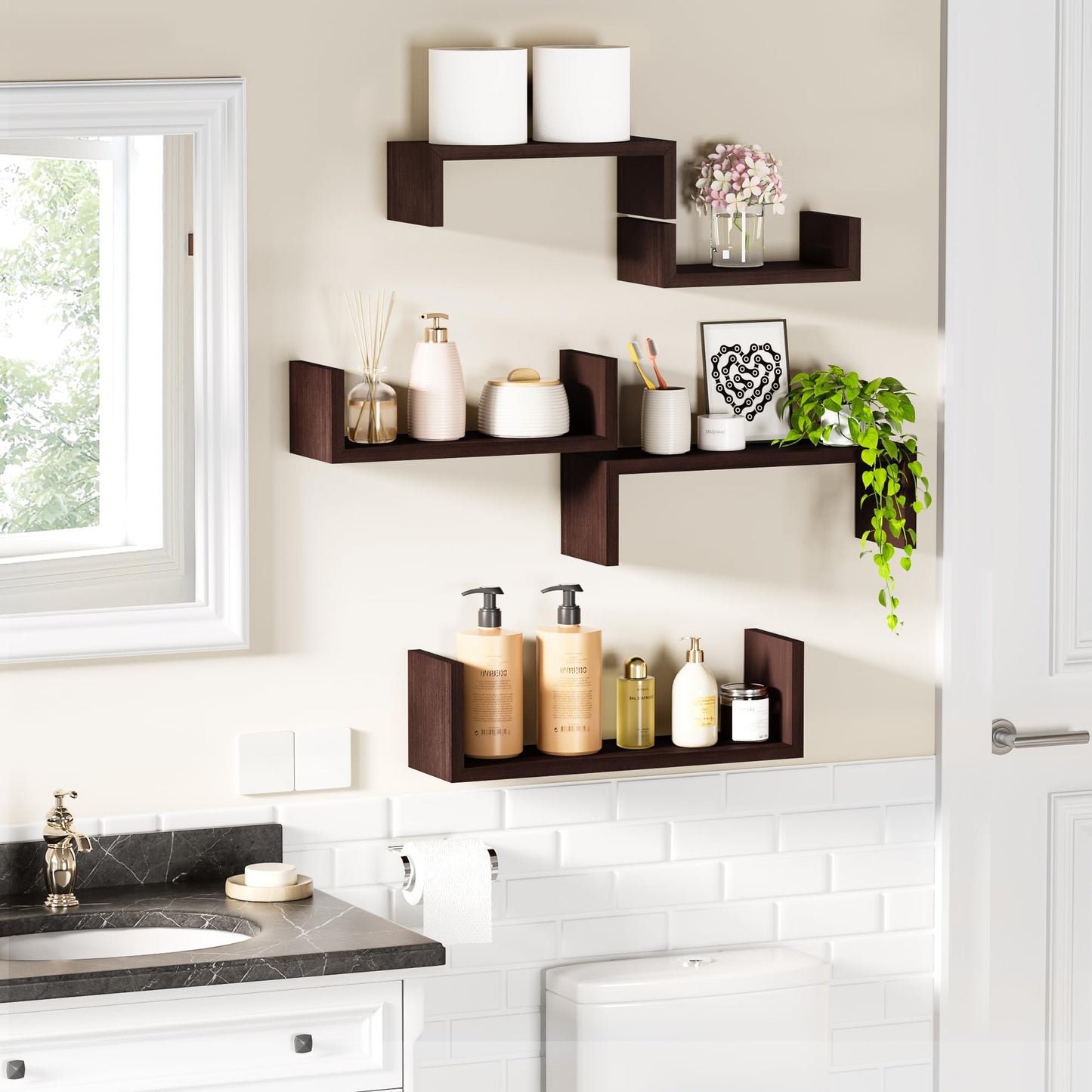 SRIWATANA Floating Shelves for Wall, Wall Shelves for Bathroom, Bedroom, Living Room, Kitchen, Office, Wood Shelves for Home Decor Set of 5 (Dark Walnut)