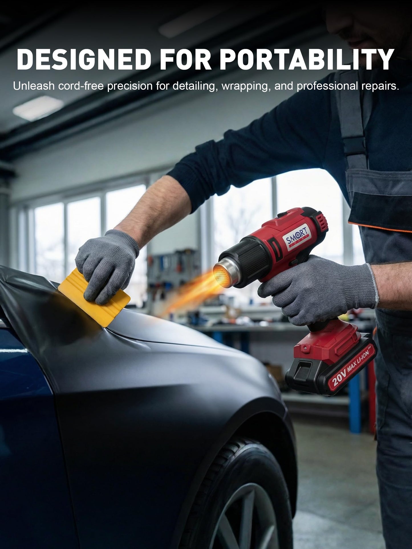 SMART JERRY - Cordless Heat Gun | Portable Heat Gun for Vinyl Wrap, Resin, Crafting, Shrink Tubing & Candle Making | Battery Powered Heat Gun Kit w/ 5 Nozzles (20V Li-ion Battery Included)