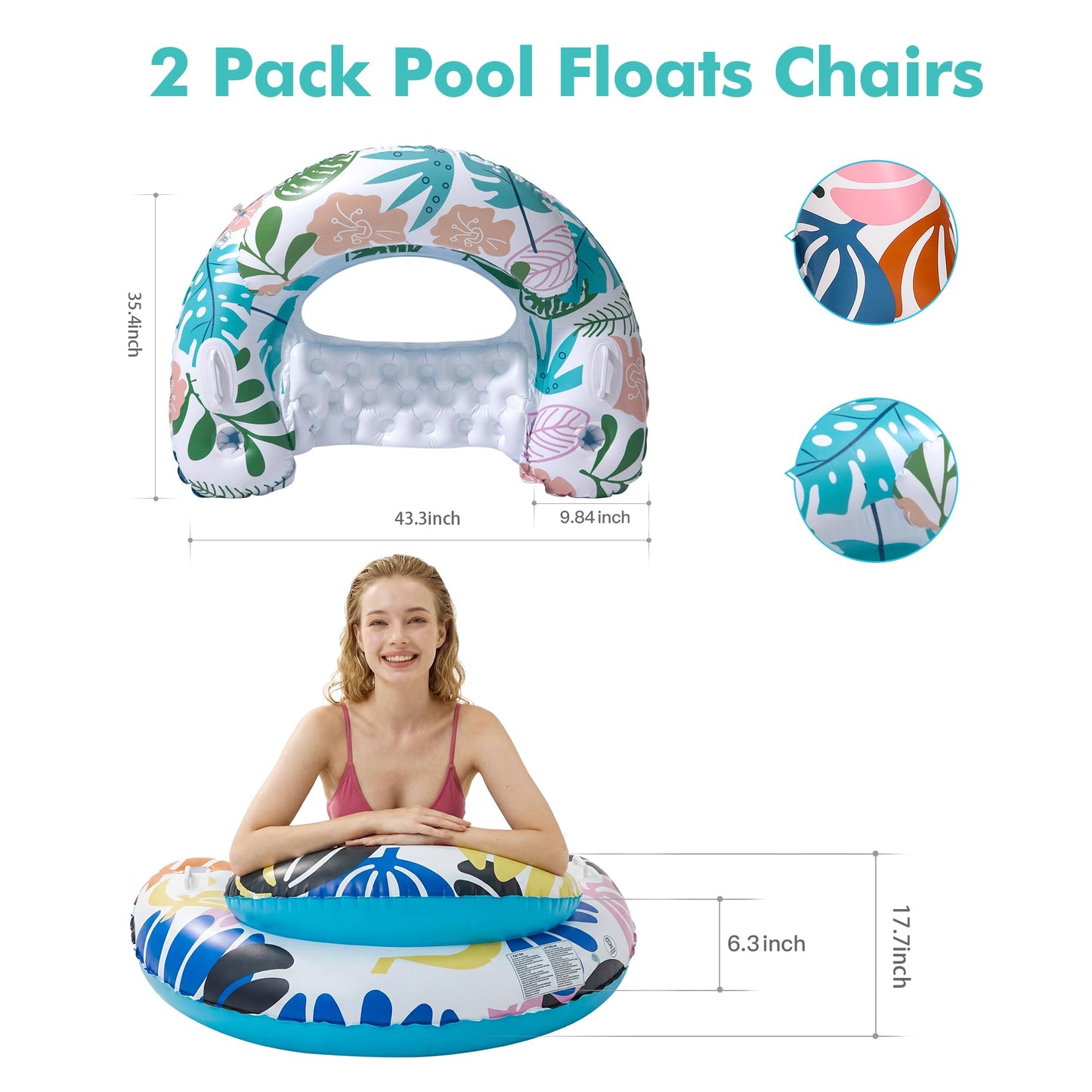 2 Pack Pool Floats Adult, OKSUWATER Pool Floaties with Two Cup Holders & Handles, Inflatable Pool Floats Chairs, Lake Floats Applies to Swimming Pool Party Summer Lake Water Fun-Multicolor