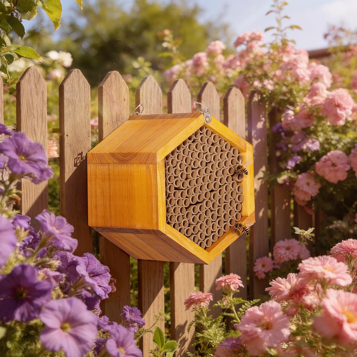 Mason Bee House - Handmade Natural Wooden Bee Hive Coated with Wax for Water-Proof and Long Service Life - Attracts Peaceful Bee Pollinators to Your Garden, Bee Houses for Garden