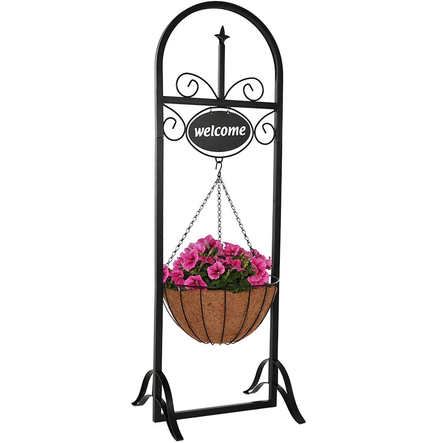 Sunnydaze Hanging Basket Planter Stand with Decorative Welcome Sign - 48-Inch Tall