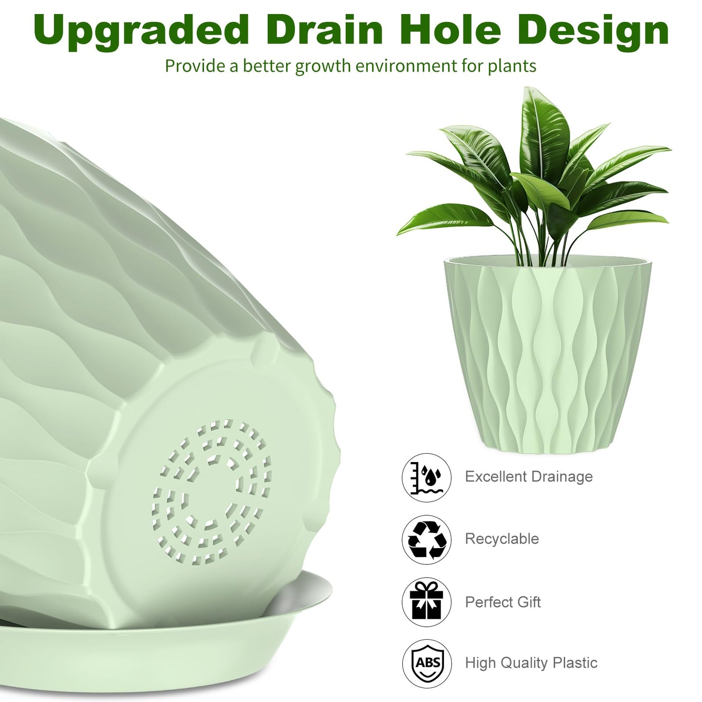 GDJUQZ 6 Pack 7 Inch Indoor Plant Pots with Drainage Holes, Outdoor Plastic Decorative Flower Pots, Garden Planters with Tray Saucers for Orchids, Violets, Succulents, Herbs, and Other Plants