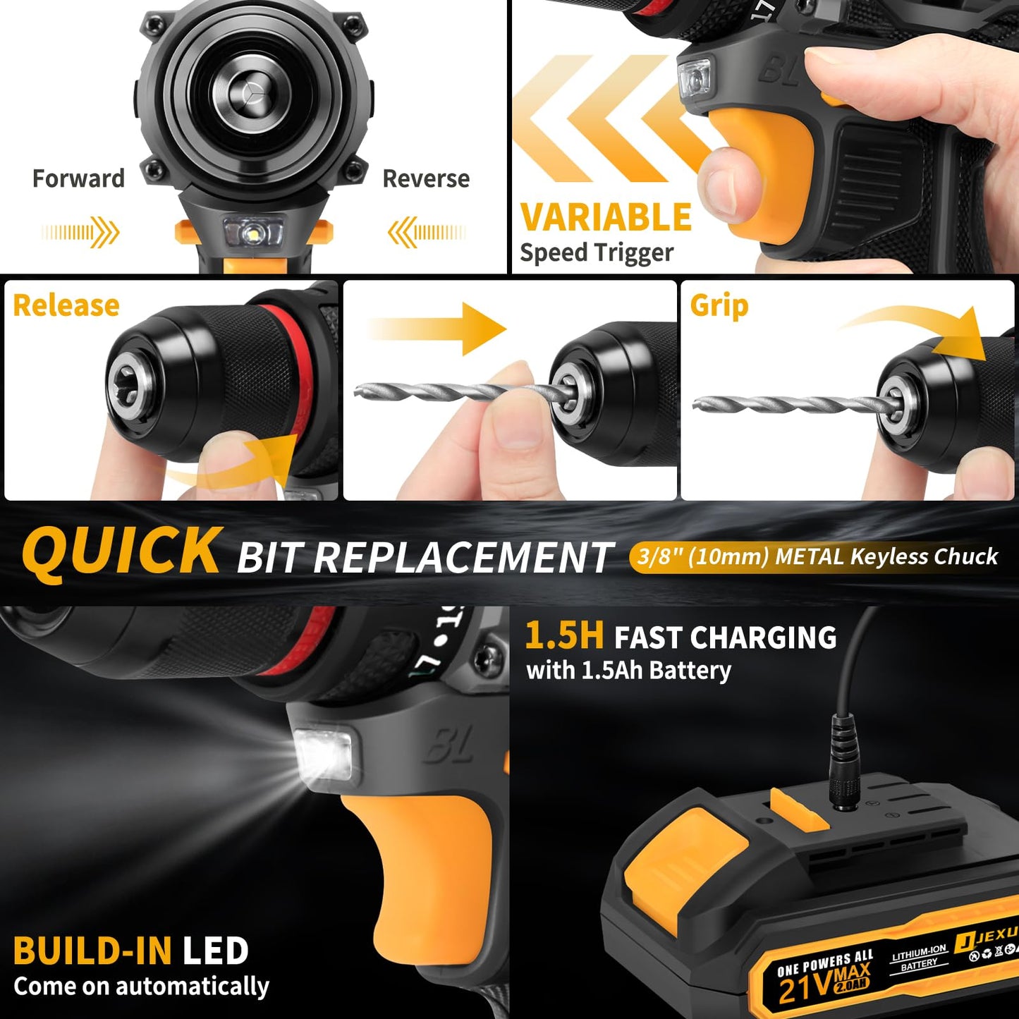 JEXUGK 60Nm Cordless Drill Tool Set, 21V Brushless Drills Kit with 2 x 2.0Ah Battery, Portable Household Basic Driver Case for Men & Women, Lady's Taladro Inalámbrico Toolbox for Home Hand Repair DIY