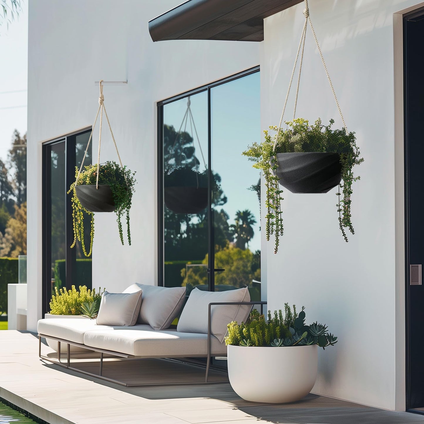 La Jolie Maison 10 Inch Hanging Planters for Indoor Plants, Outdoor Garden Planter Pots with Self-Watering Tray, Jet Black, Spiral Pattern, Set of 2