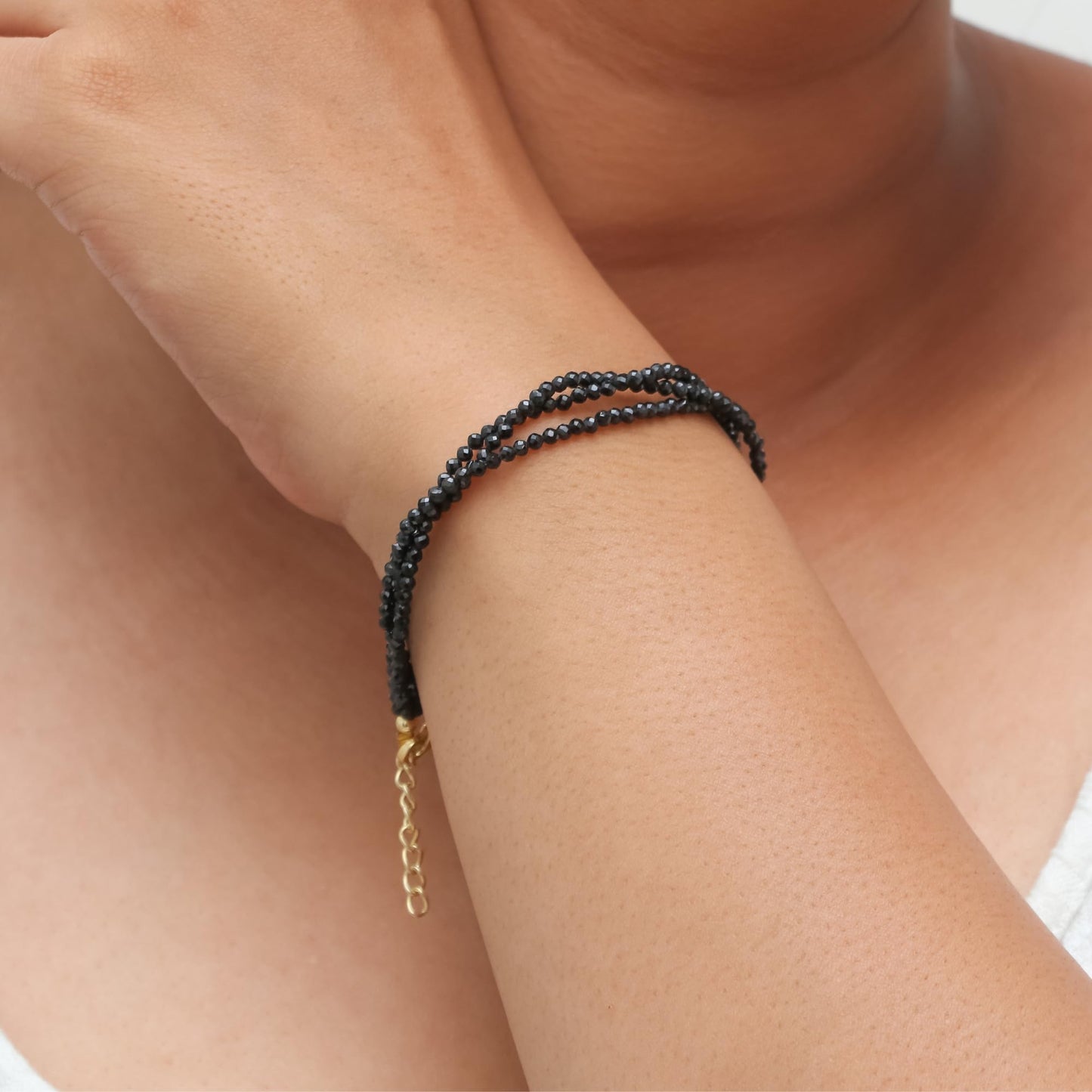 Gempires Natural Black Spinel Beaded Bracelet Gemstone Multi Strand Crystal Jewelry Hypoallergenic 8 Inch Gold Plated Elegant Birthday Jewelry Gifts for Women