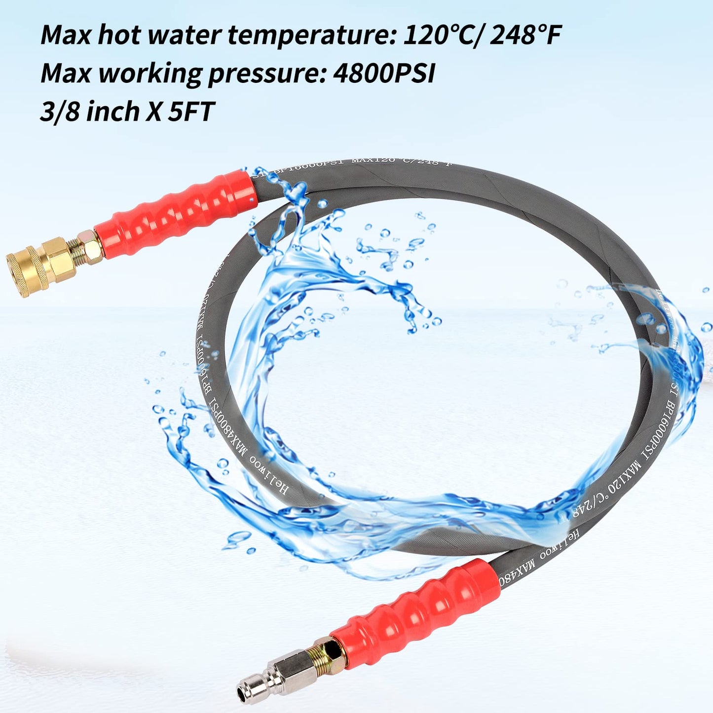 Heliwoo Pressure Washer Whip Hose 5FT, 3/8'' Reel Connector for Power Washer, 248°F Hot Water Jumper with 3/8'' Quick Connect Adapter Set, Steel-Braided-4800 PSI