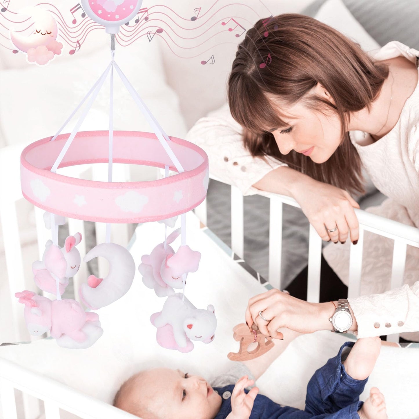 YIERCHOO Crib Mobile for Girls, Baby Mobile for Crib with 12 Lullabies Digital Musical Box, 3 Modes, Volume & Songs Control, Pink Design for Nursey Decor