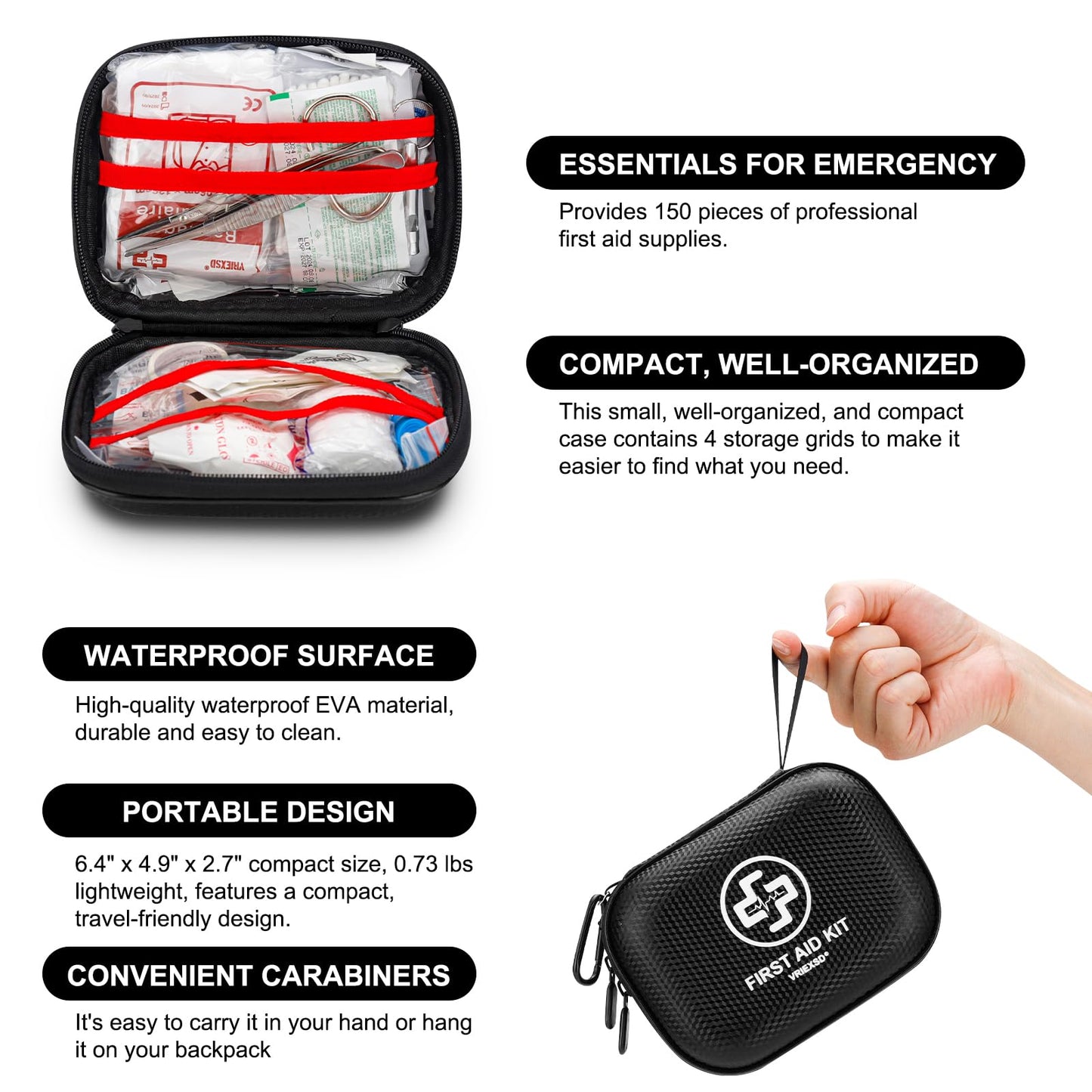 Mini First Aid Kit - 150 Piece Small Waterproof Hard Shell Medical Kit for Home, Car, Travel, Camping, Truck, Hiking, Sports, Office, Vehicle & Outdoor Emergencies (Black)