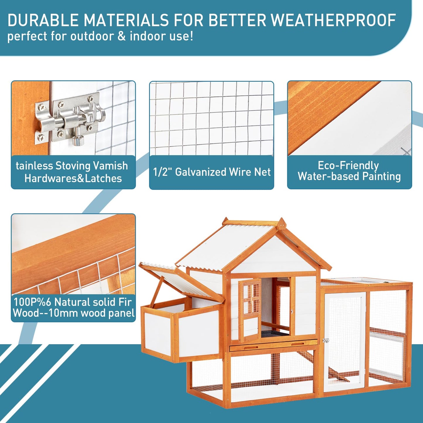 Chicken Coop with Nesting Box and Run, Wooden Outdoor Hen House, Chicken House with Ramp, 5 Access Doors, Removable Tray and Galvanized Wire for Backyard Poultry, Rabbit Hutch
