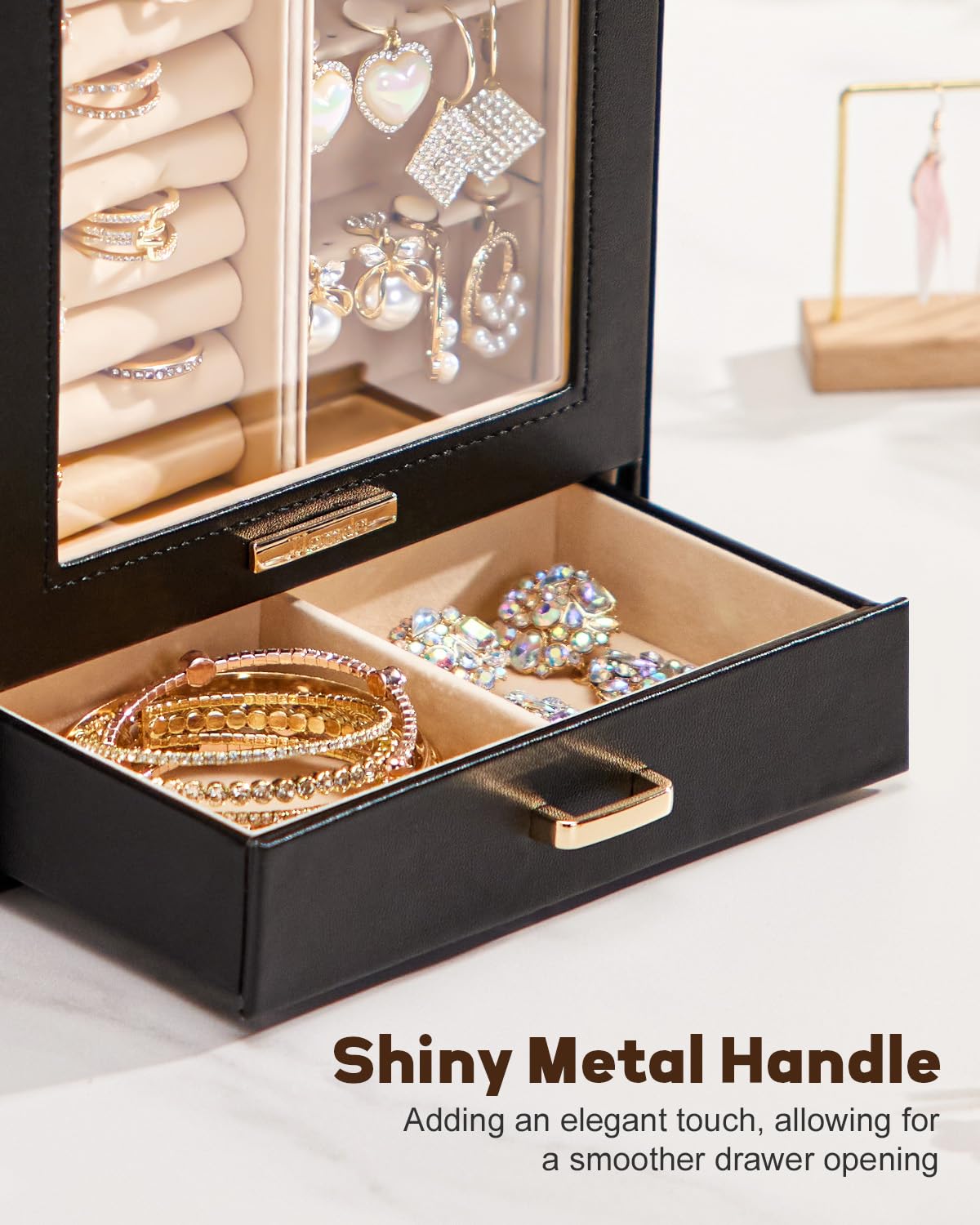 Homde Mothers Day Gifts Jewelry Organizer Girls Women Jewelry Box for Necklaces Rings Earrings Gift Bracelets Storage Case (Black + Gold)
