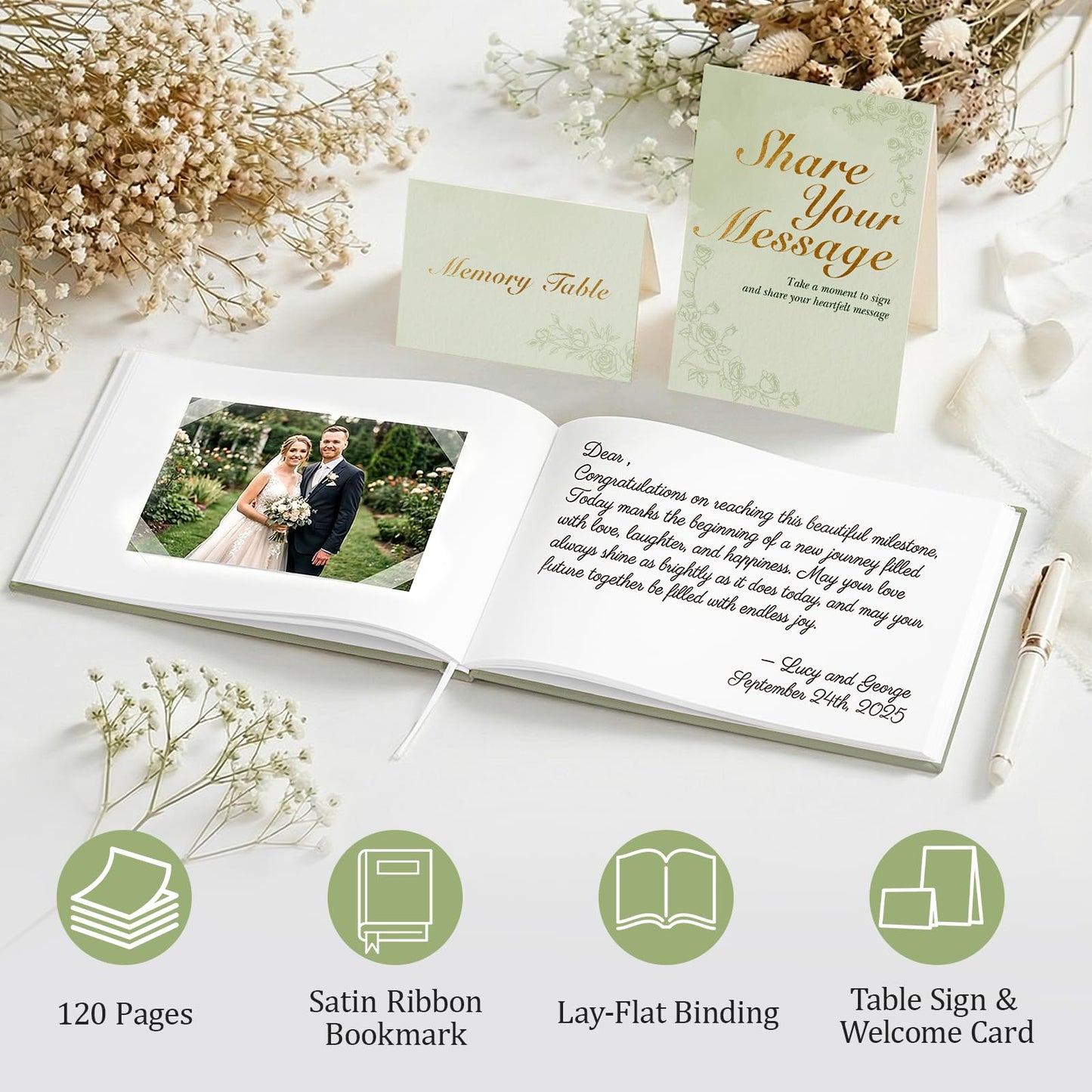 Guest Book for All Occasions – Sage Green Linen Hardcover with Gold Foil, 120 Acid-Free Blank Pages, Includes Table Sign & Welcome Card | 8.66x6.69" Sign-In Book for Wedding, Garden Party & More