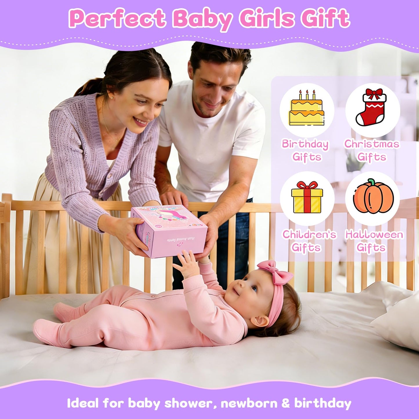 MPQMPQ Car Seat & Stroller Toy for Girl - Musical Sensory Plush with Rattle & Mirror Baby Toys 0-12 Months Hanging Travel Carseat Toys Soft Squeaky Stuffed Animal Unicorn for Babies Gifts