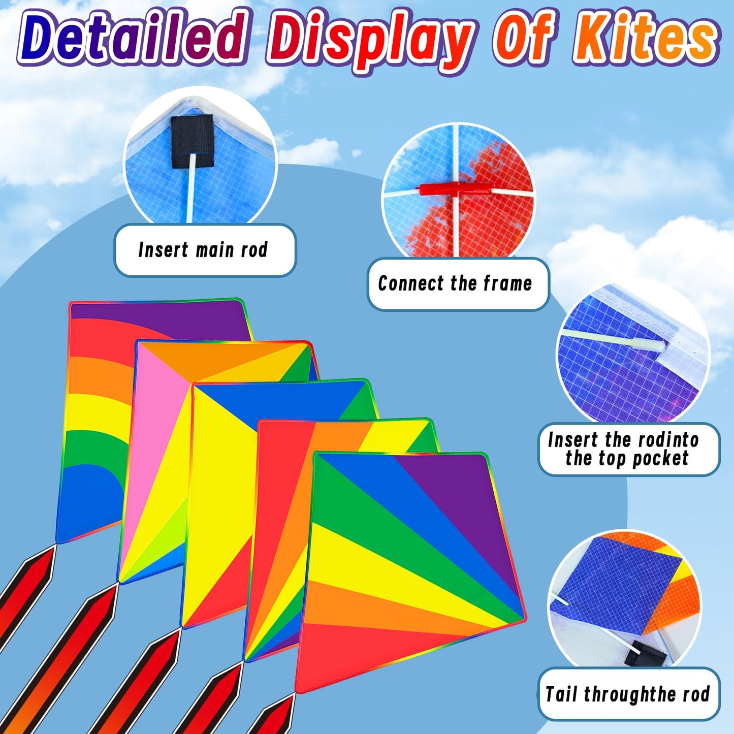 QUANA 5 Pack Kites for Kids and Beginners, Diamond Kites for Kids Ages 4-8 8-12 Easy to Fly Rainbow Kite for Toddlers Age 3-5, Boys Girls Party Gifts Family Beach Outdoor Games and Activities