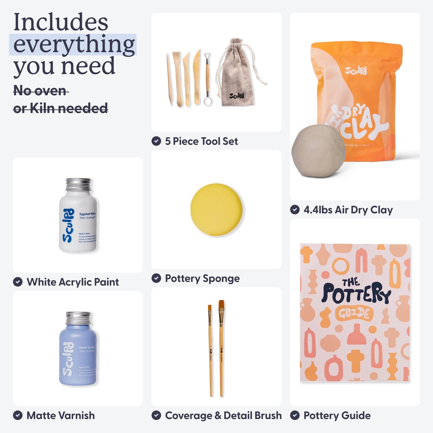 Sculpd - The Original Pottery Kit for Adults - Air Dry Clay for Adults, Tools, Varnish, Brushes, Mother's Day Activities, Arts & Crafts Set, Matte Varnish
