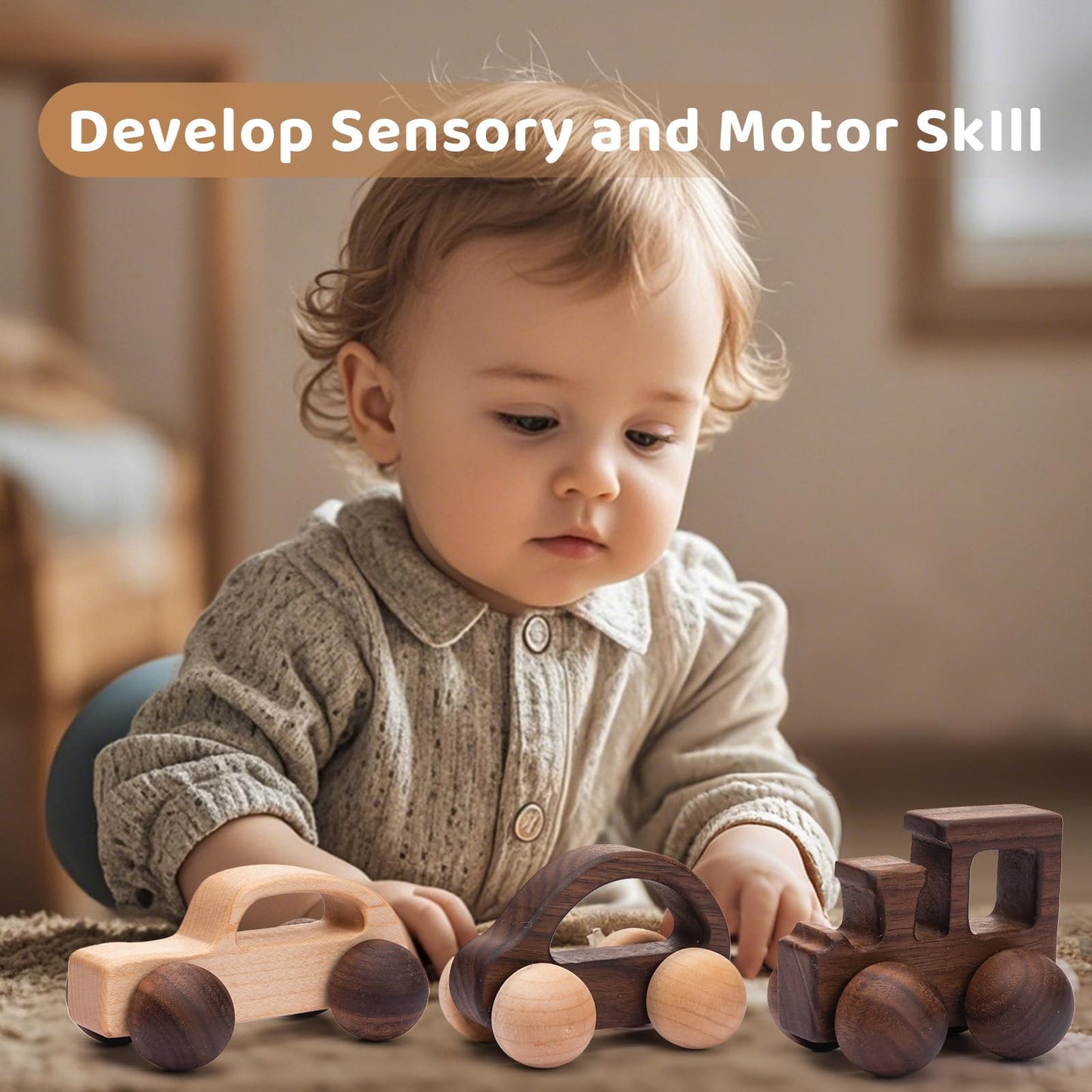 3PCS Wooden Baby Toys, Montessori Toys for Babies 0-6-12 Months, Baby Grasping Toys Push Car Toys for 1 Year Old Boy Birthday Gift,#2