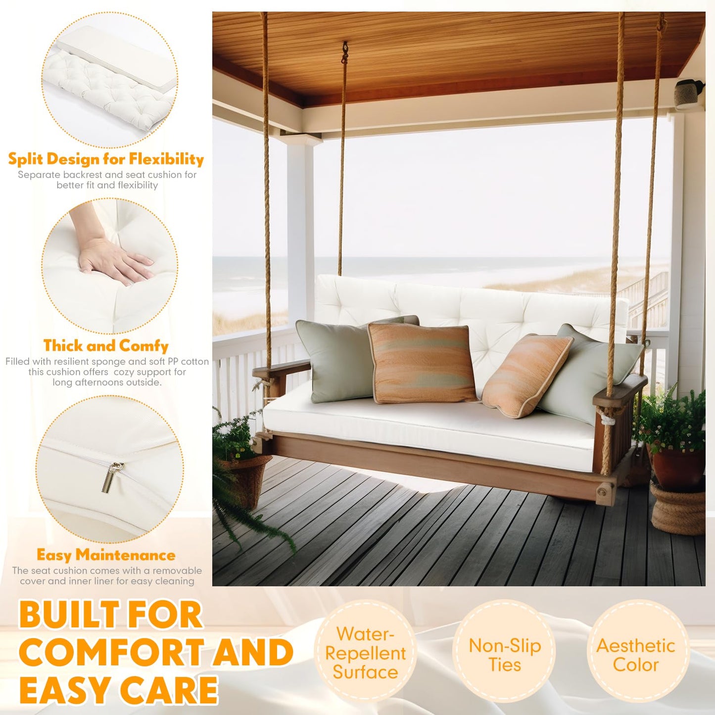Wenqik 2-3 Seater Porch Swing Cushions with Backrest 60 x 40 x 4 Inch Thick Outdoor Waterproof Bench Pad Patio Swing Replacement Cushion, Split Design, Soft for Garden, Lawn, Backyard(Natural White)