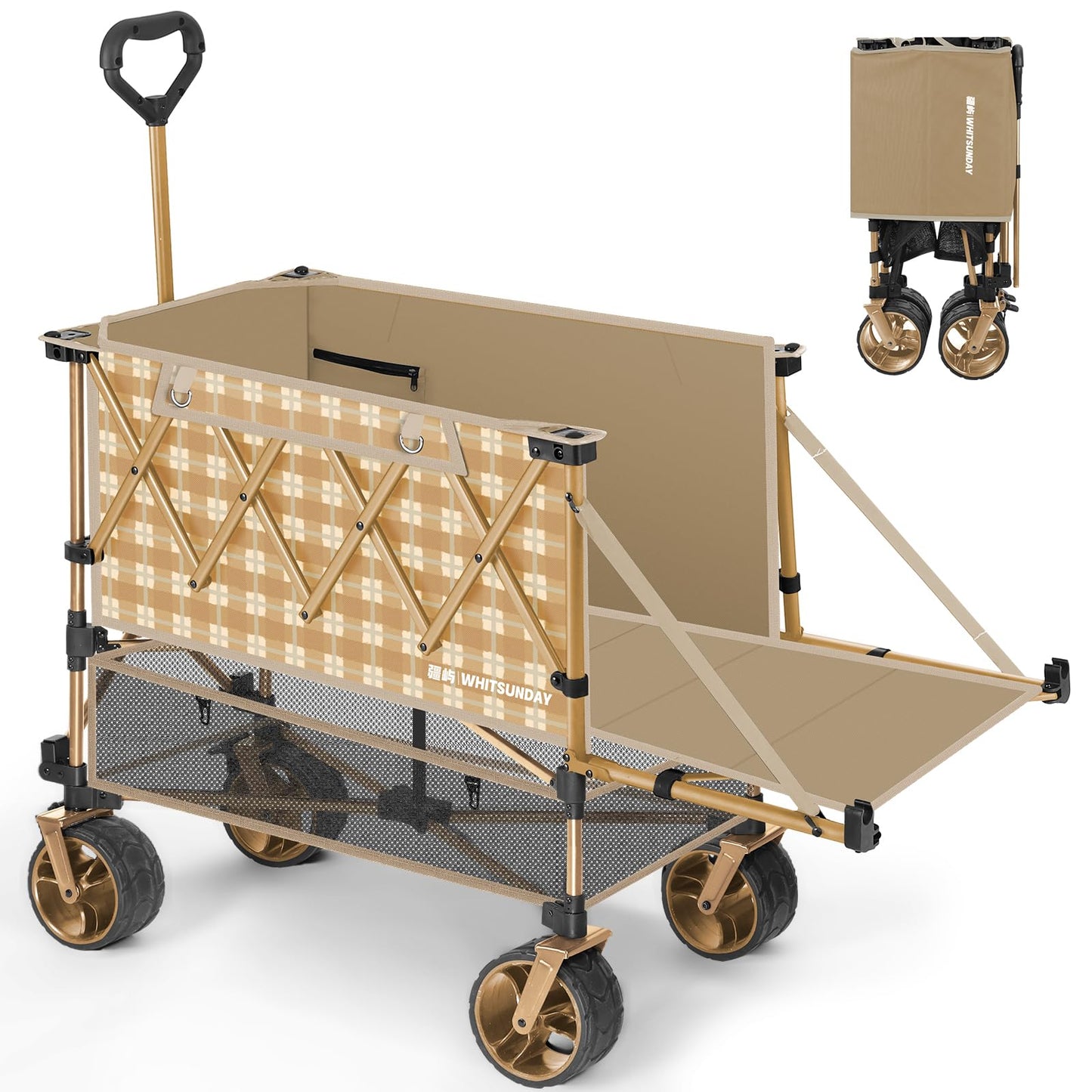 Whitsunday Double Decker Wagon, Heavy Duty Foldable Large Beach Wagon Cart with All-Terrain Big Wheels for Sports,Camping,Outdoor Yellow