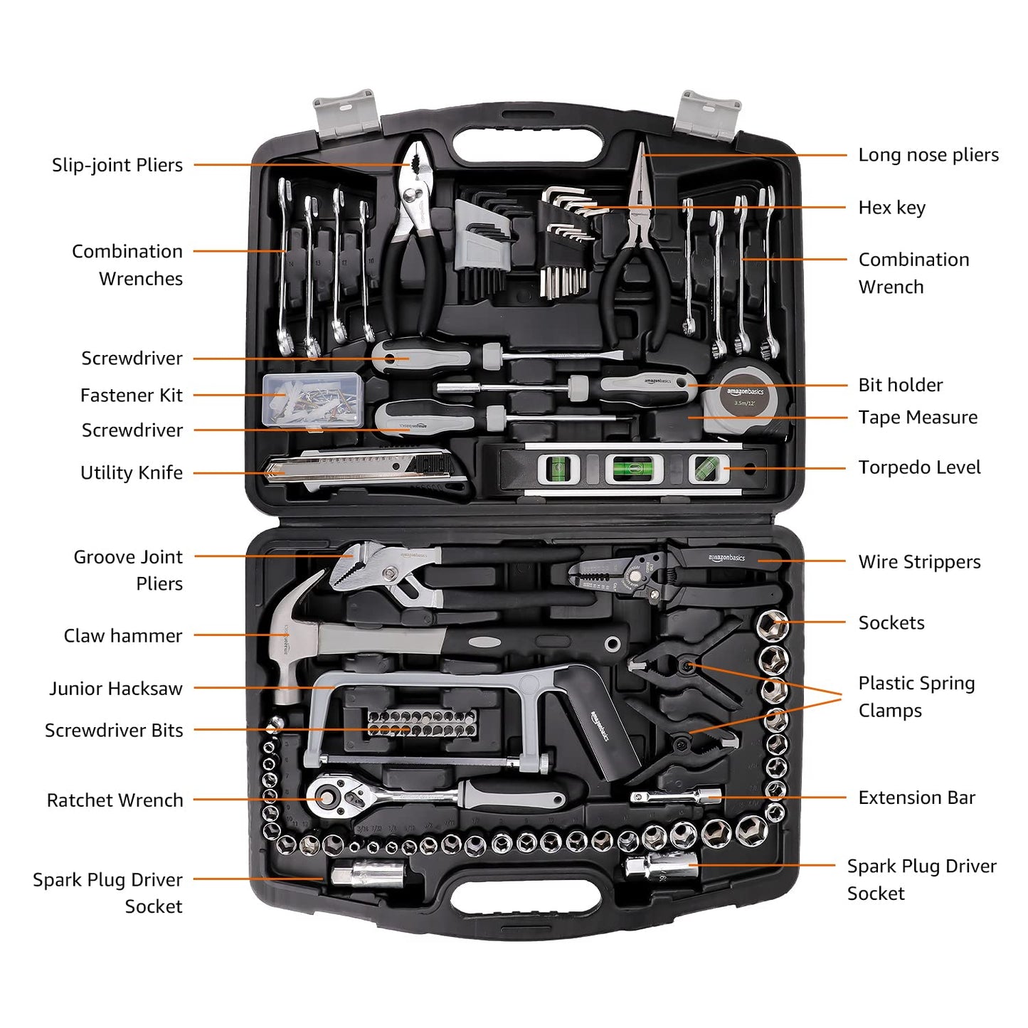 Amazon Basics 173-Piece General Household Hand Tool Set with Storage Case, Portable Tool Kit for Home Maintenance and Everyday Repairs