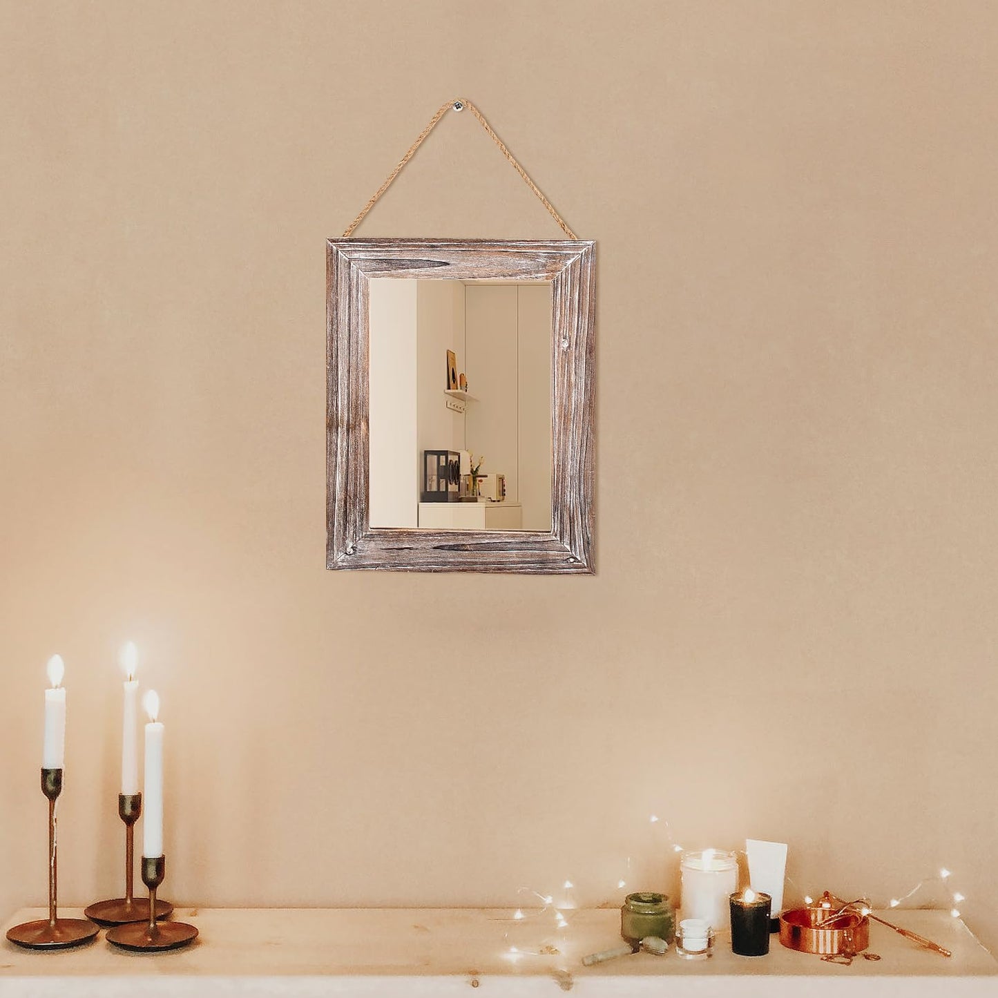 CFDYMTJ Wall Decorative Mirror 12 x 16 Inch Rust Farmhouse Rectangular Mirrors Wood Frame Mirror with Hanging Hemp Rope for Bedroom, Bathroom, Living Room, Entryway