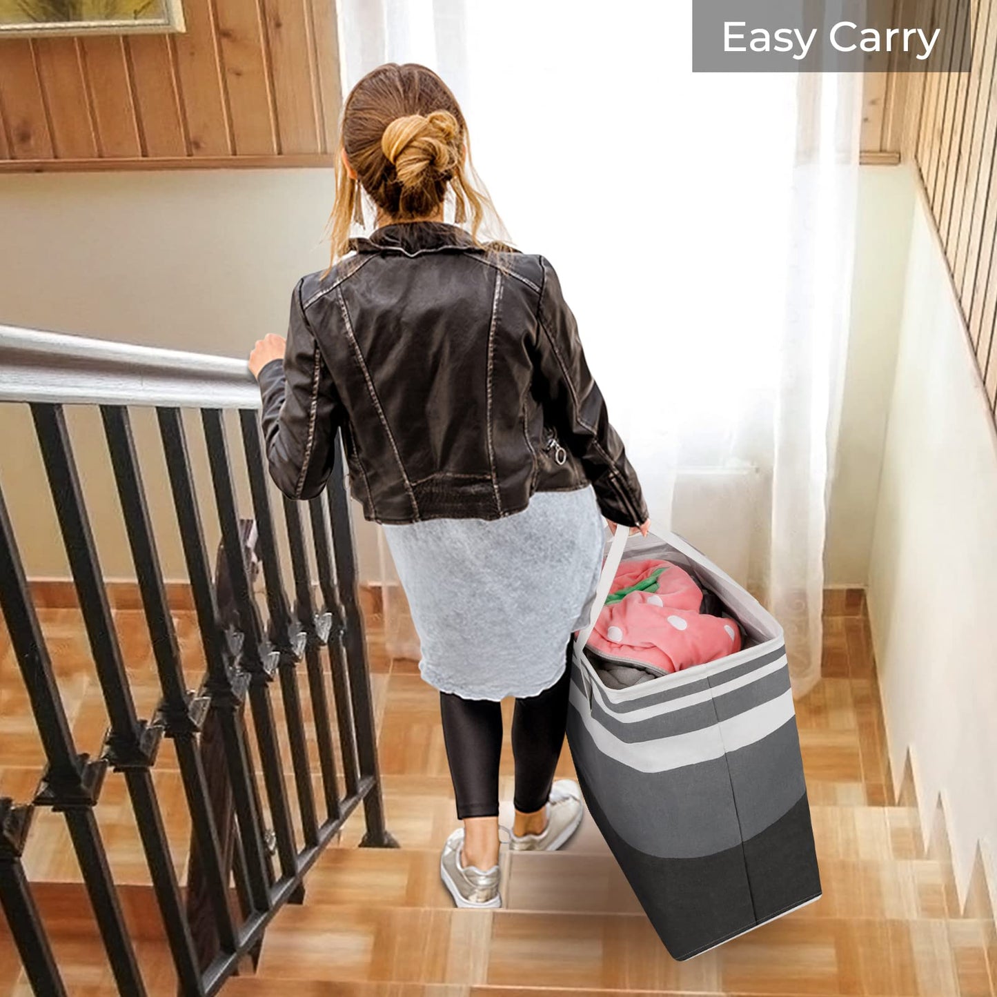 HomeHacks 2 Pack Large Laundry Baskets, Waterproof, Freestanding Laundry Hampers, Collapsible Clothes Hamper with Reinforced Handles in Laundry Room, College Dorm, Bathroom, Bedroom (Grey, 75Lx2)