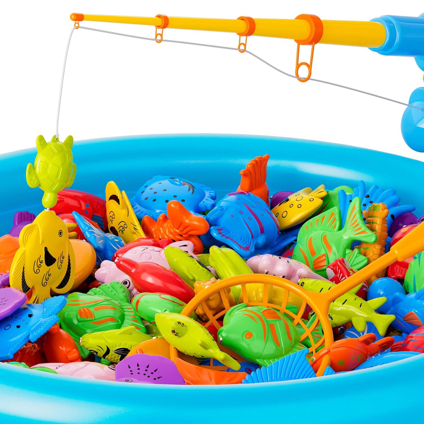 Magnetic Fishing Pool Toys Game for Kids Toddlers 3-5 4-8, Water Table Bathtub Toy with Inflatable Pool Pole Rod Net Plastic Floating Fish, Water Bath Pool Outdoor Toys for Kids Toddlers Baby