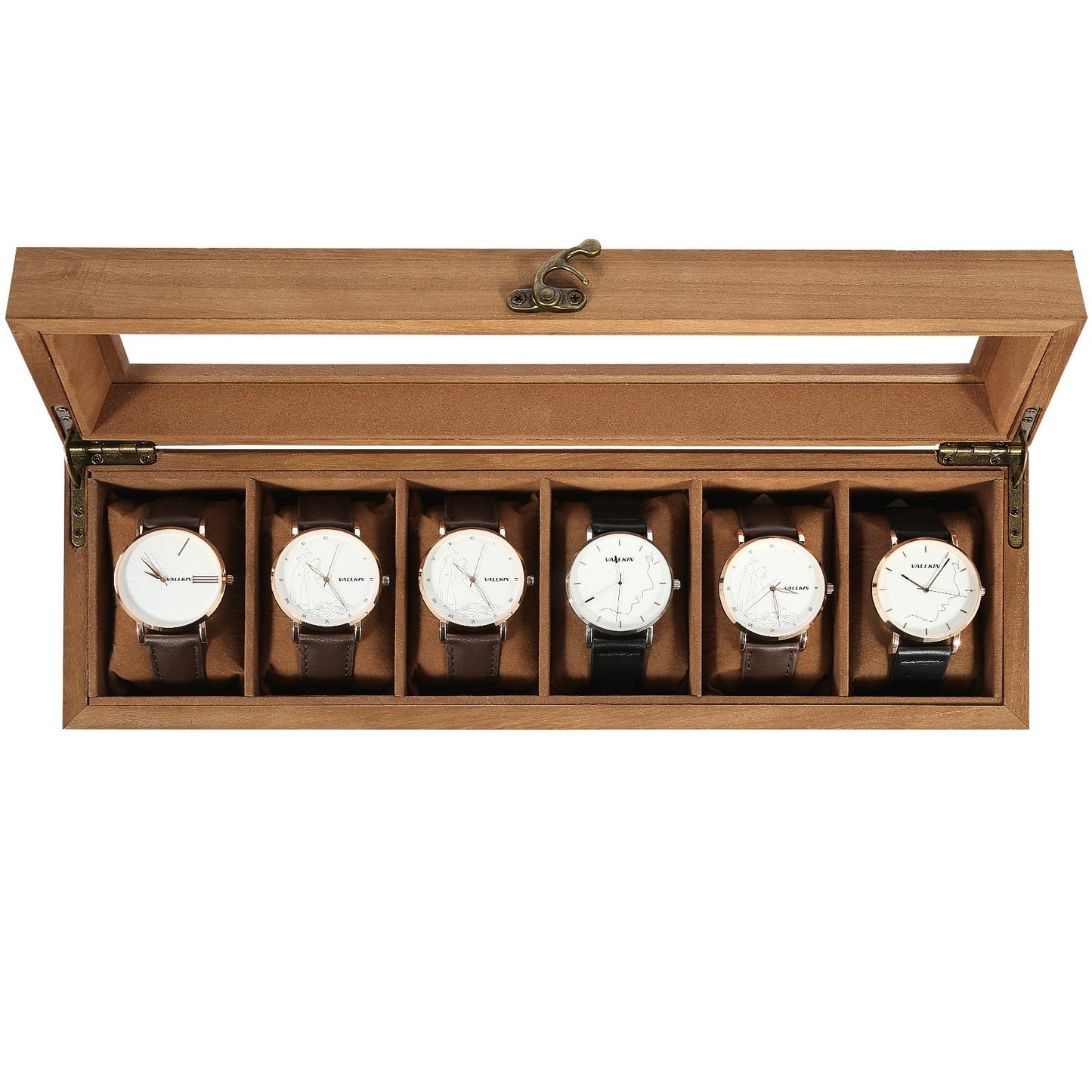 Uten Solid Wood Watch Box, 6 Slot Watch Case with Soft Pillow, Watch Display Case with Glass Lid, Watch Holder Organizer, Watch and Jewelry Storage, Gift Ideas, Brown