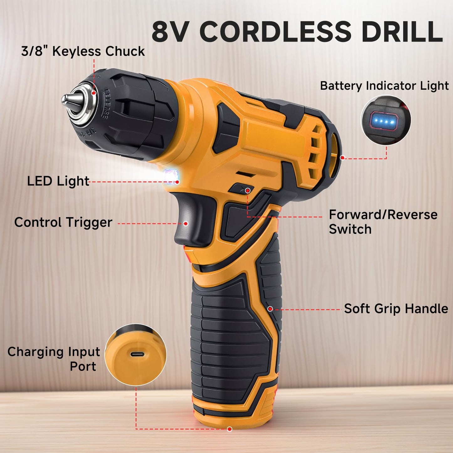 Tool Set - Tool Kit with 8V Cordless Drill, 132 Piece Tool Box with Drill, Home Tool Kits for Men & Women, Hand Drill Set Perfect for Homeowner, Diyer, Handyman-Yellow