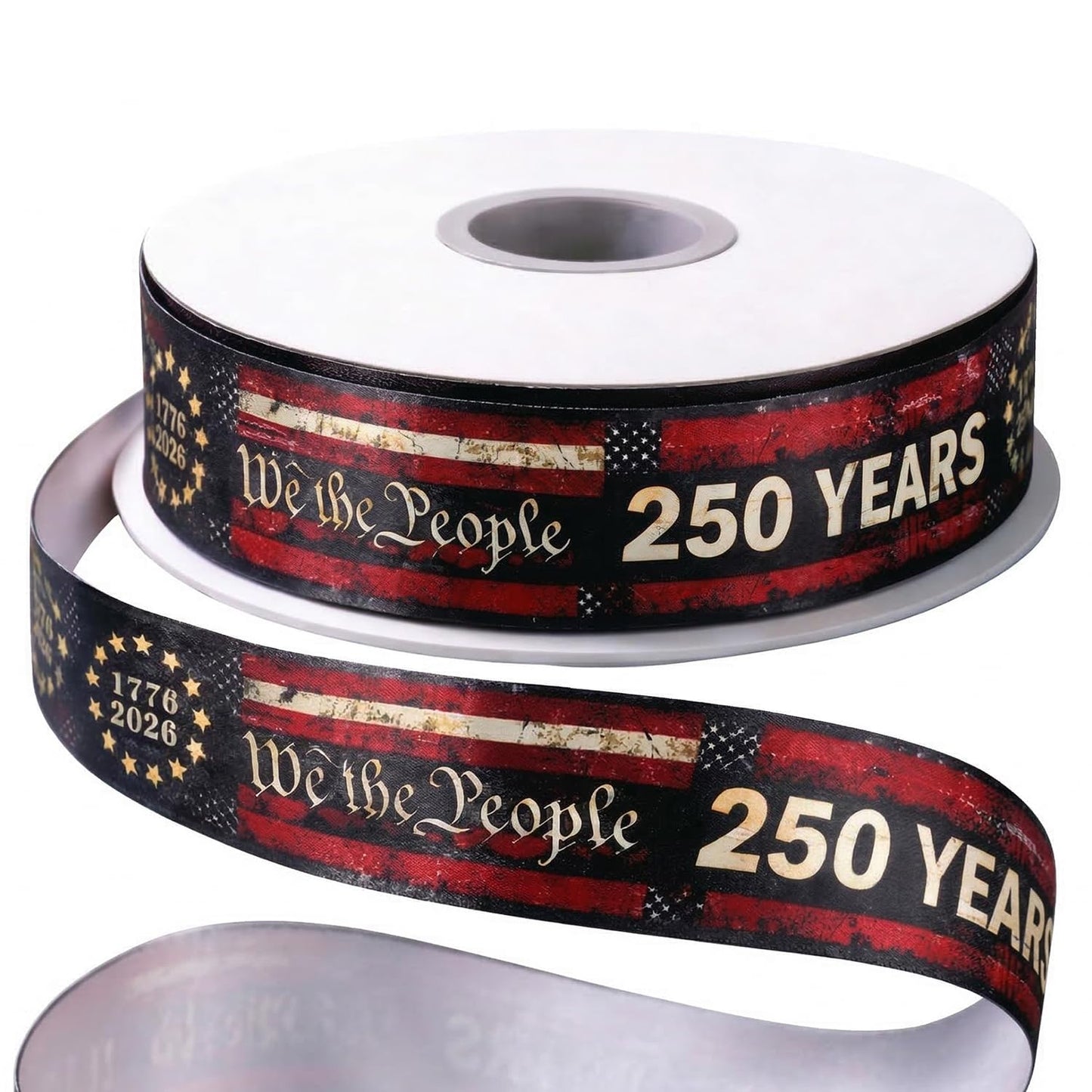 Gleamagic 25 Yards Patriotic Ribbon 1 Inch - America 250th Anniversary Non-Wired Satin Ribbon with We The People Print, Soft Fabric for Hair Bows, Gift Wrapping, Veterans Day & July 4th Party Supplies