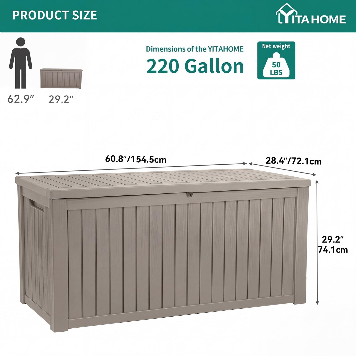 YITAHOME 220 Gallon XL Outdoor Storage Deck Box with Divider, Waterproof & Lockable, Ideal for Patio Furniture and Garden Tools, Resin-Built, Wood-Like Texture, Brown