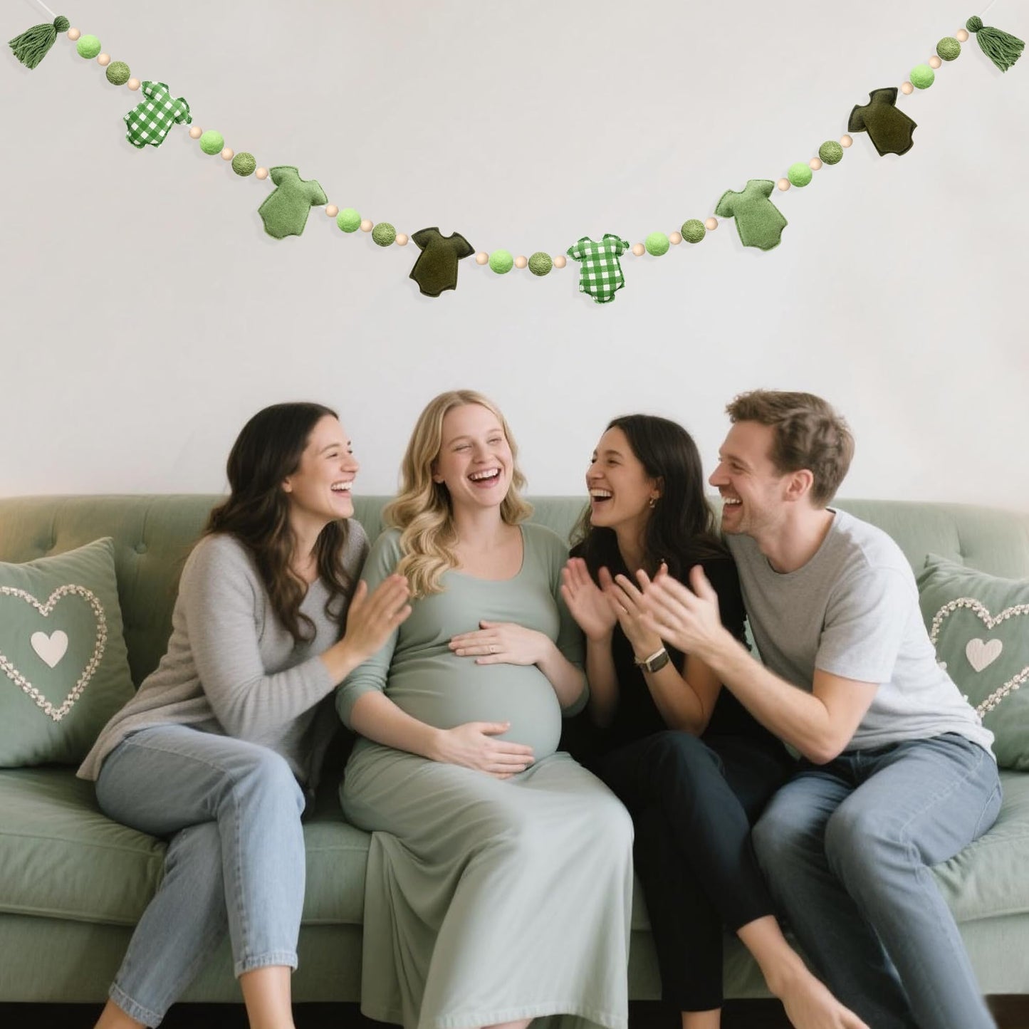 Sage Green Plaid Baby Clothes Decorations Pre-Strung Handmade Felt Baby Clothes Wooden Bead Wool Felt Ball Banner Garland for Neutral Gender Reveal Baby Shower Party Nursery Fireplace Home Decor