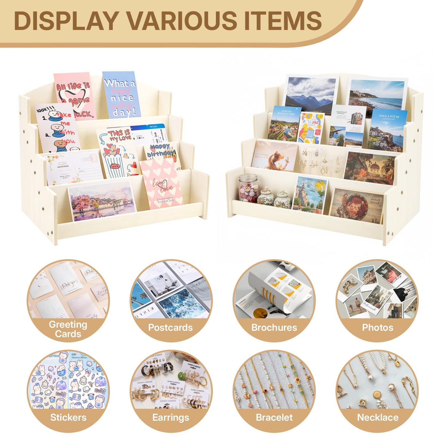 Aubeco 4 Tier 1Pc Wooden Greeting Card Display Stand, Sticker Organizer Rack, Retail Photos Shelf for Vendors Craft Collection, Retail Stores, Postcards, Jewelry, Snacks